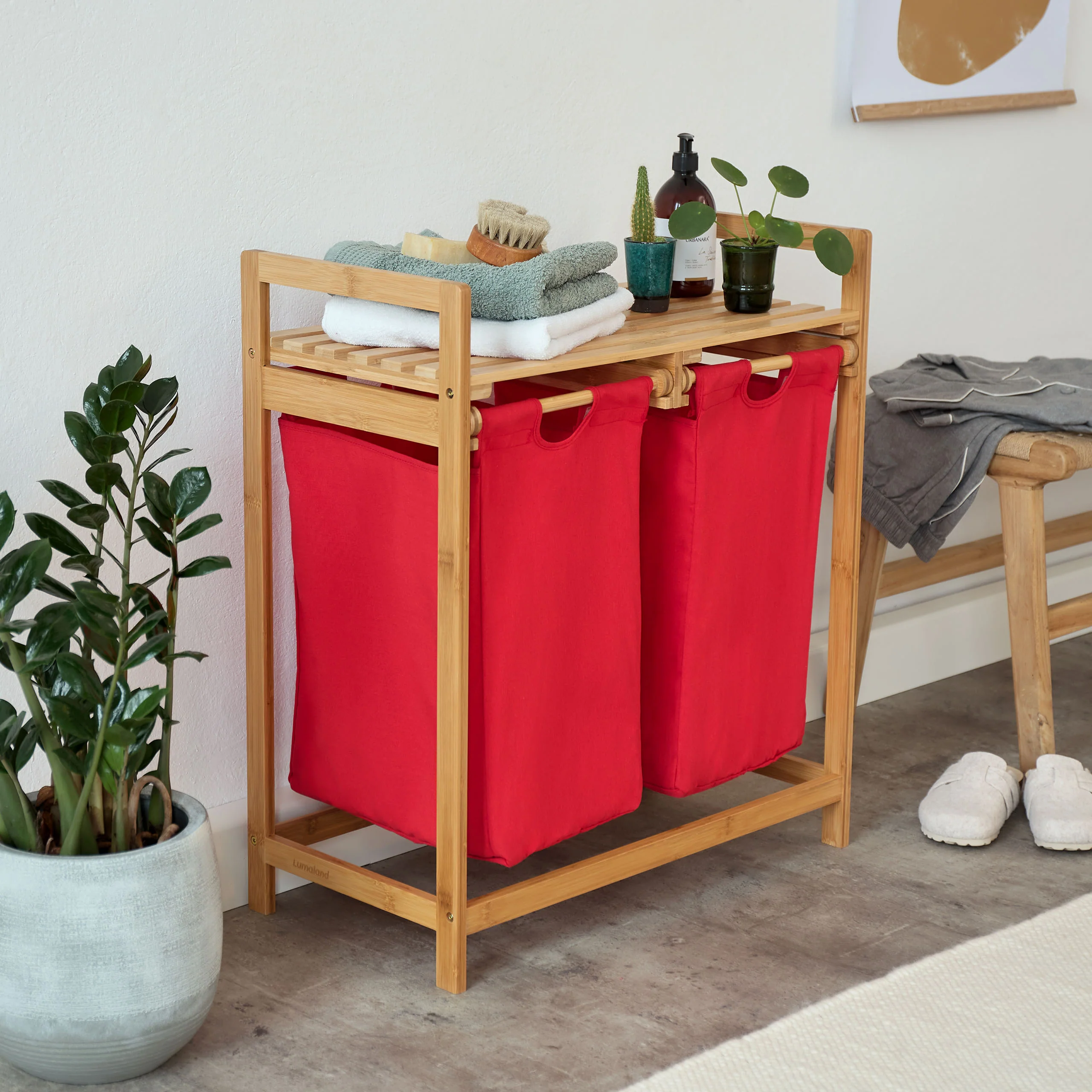 Bambus Wäschekorb mit 2 ausziehbaren Wäschesacken - 73 x 64 x 33 cm - Rot - Image 5