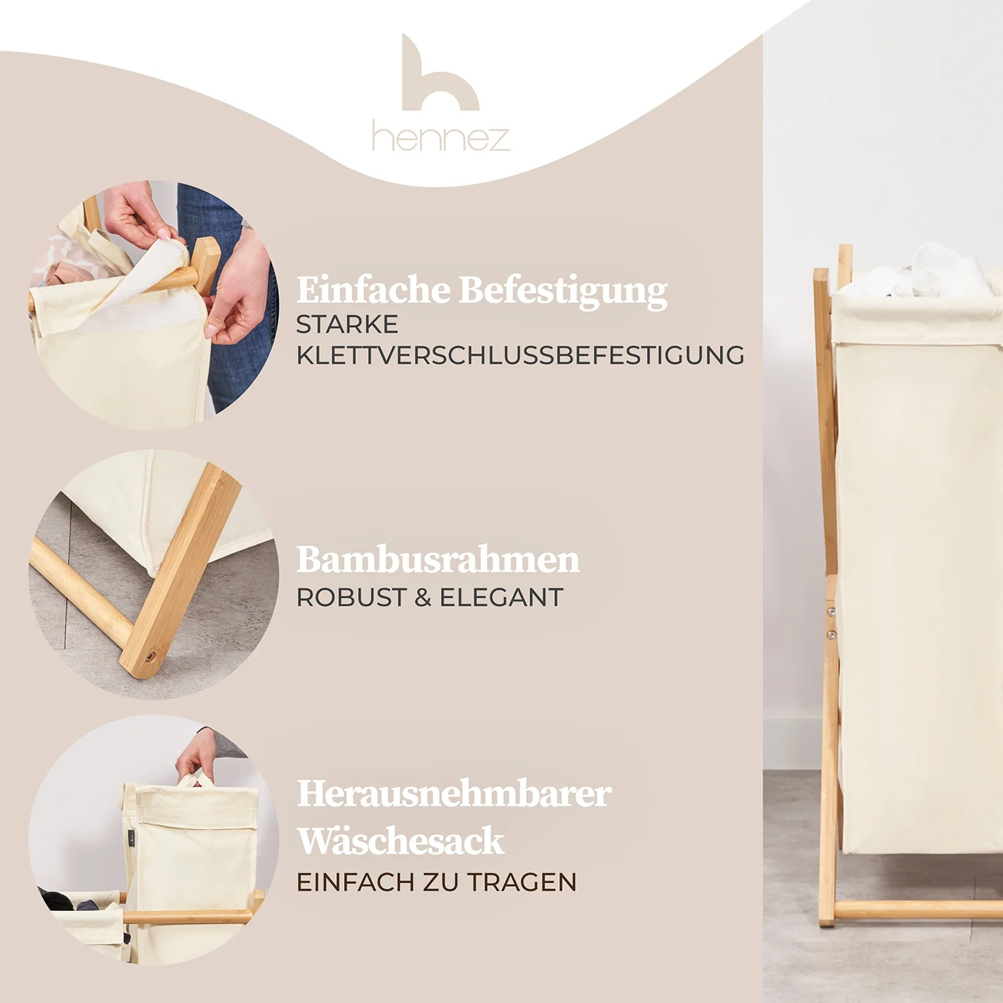 Wäschesammler "Xavier" 150 l - 3 Fächer - Beige - Image 2