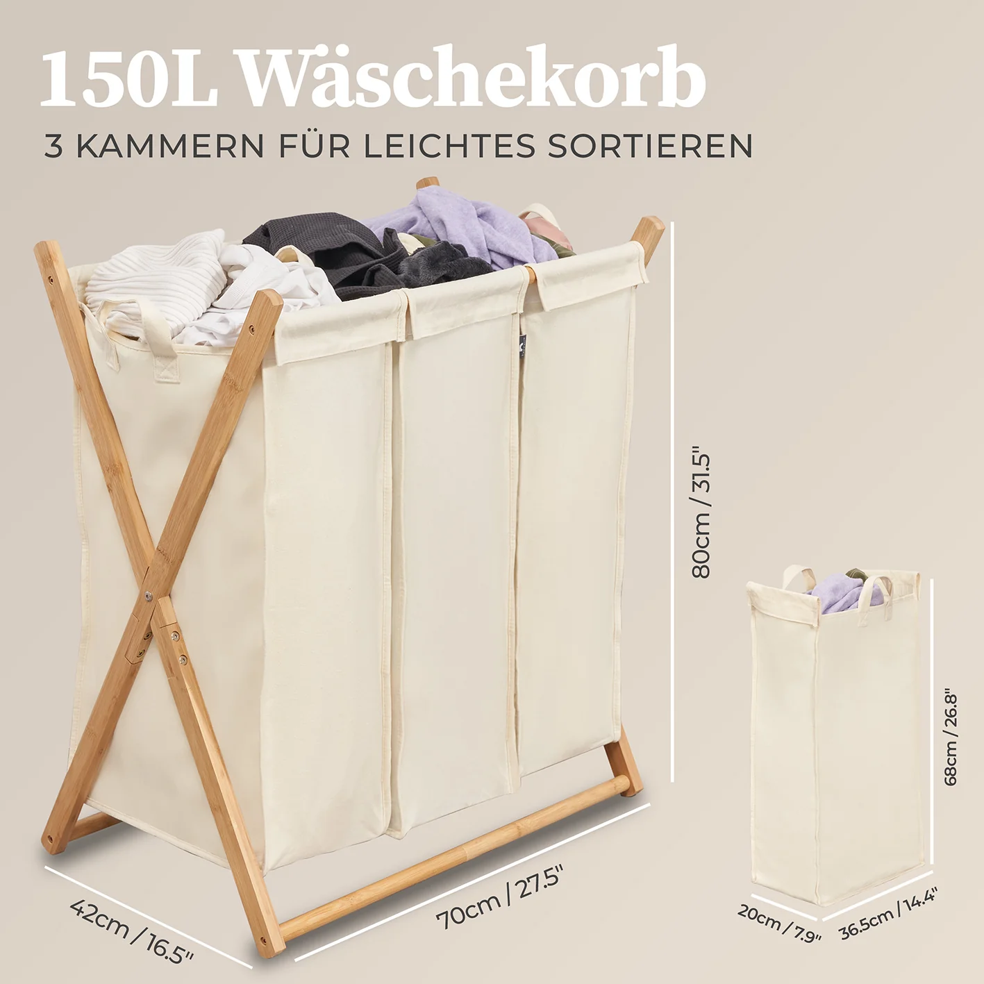 Wäschesammler "Xavier" 150 l - 3 Fächer - Beige - Image 3