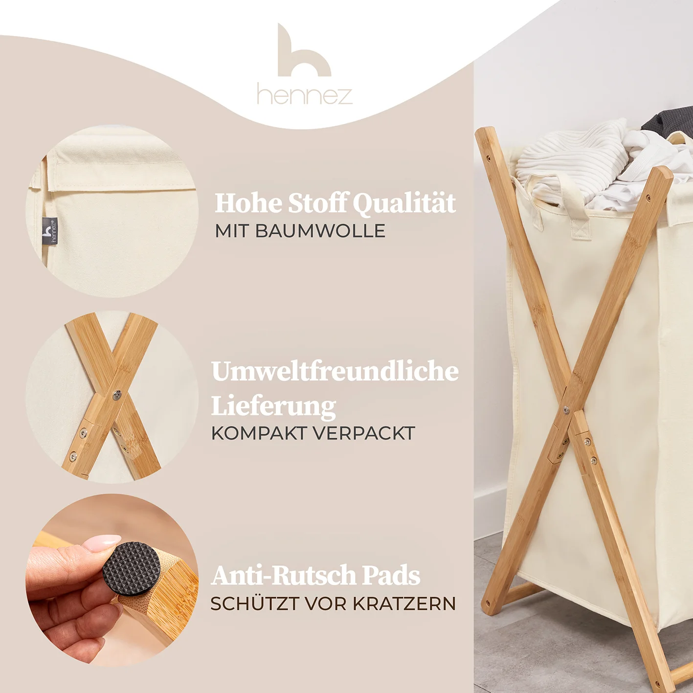 Wäschesammler "Xavier" 150 l - 3 Fächer - Beige - Image 4