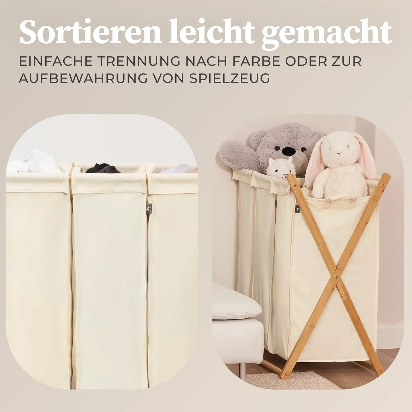 Wäschesammler "Xavier" 150 l - 3 Fächer - Beige - Image 6