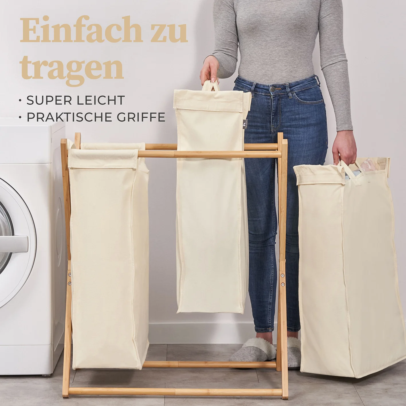 Wäschesammler "Xavier" 150 l - 3 Fächer - Beige - Image 7