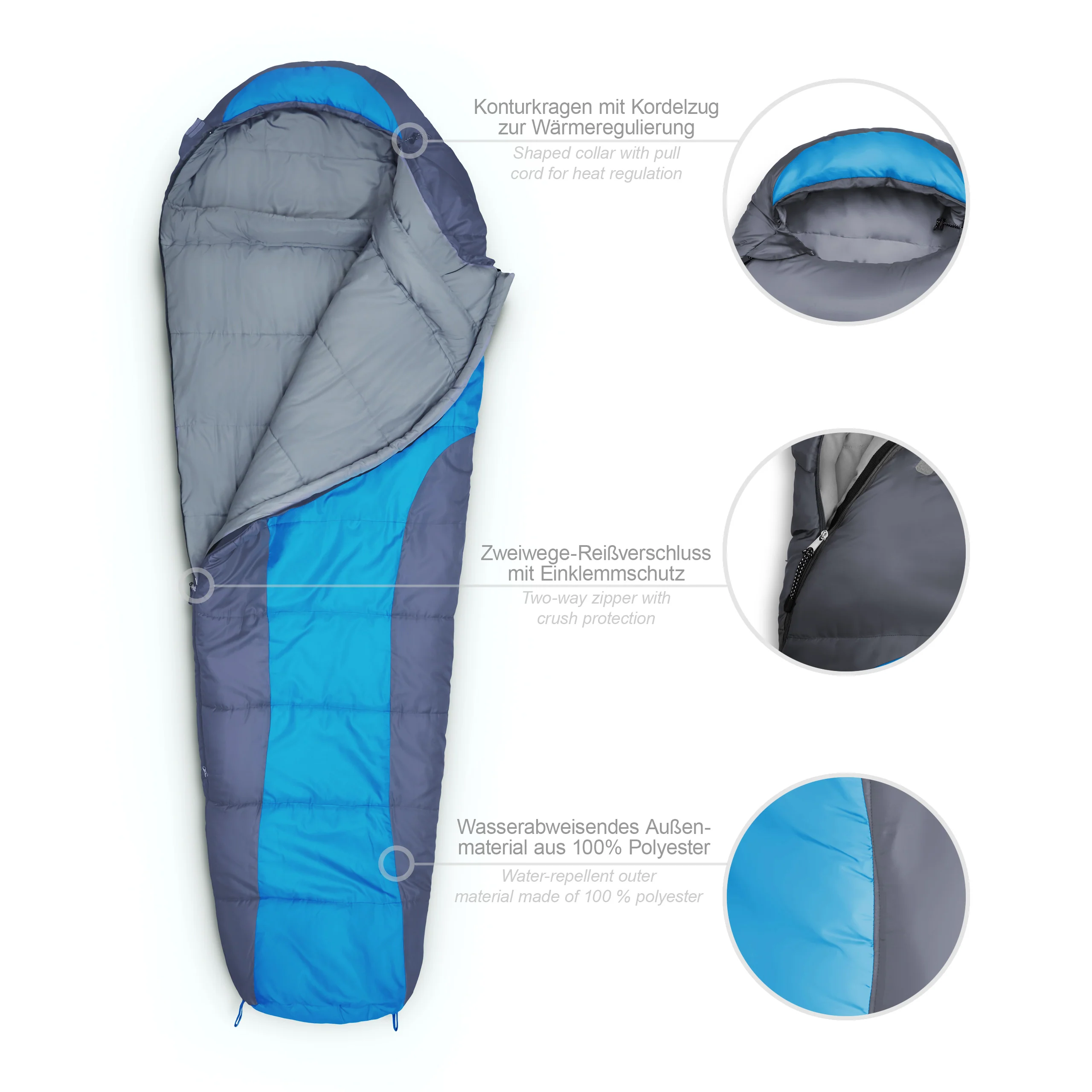 Camping Schlafsack Classic - Mumienschlafsack mit Tasche - 230 x 80 x 55 cm - Blau - Image 2