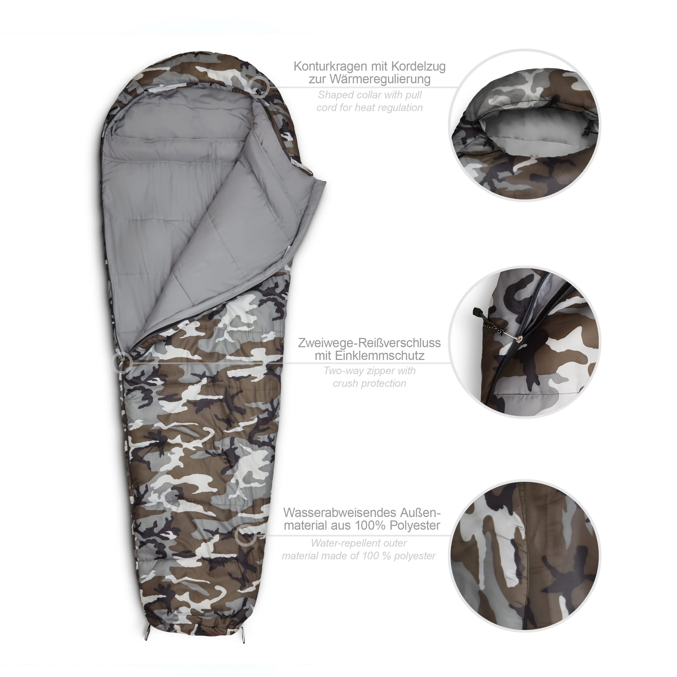 Camping Schlafsack Classic - Mumienschlafsack mit Tasche - 230 x 80 x 55 cm - Camouflage Grau - Image 2