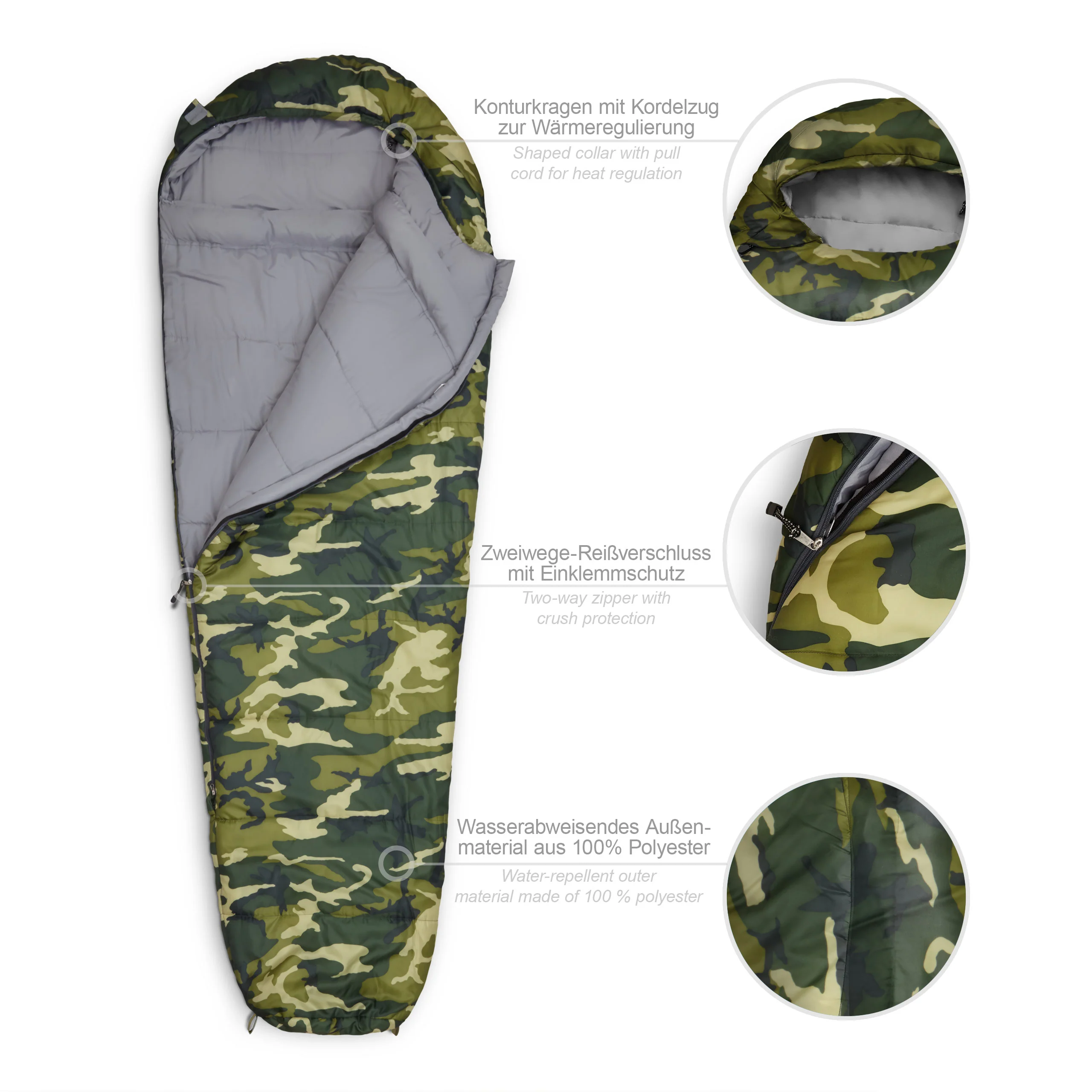 Camping Schlafsack Classic - Mumienschlafsack mit Tasche - 230 x 80 x 55 cm - Camouflage Grün - Image 2