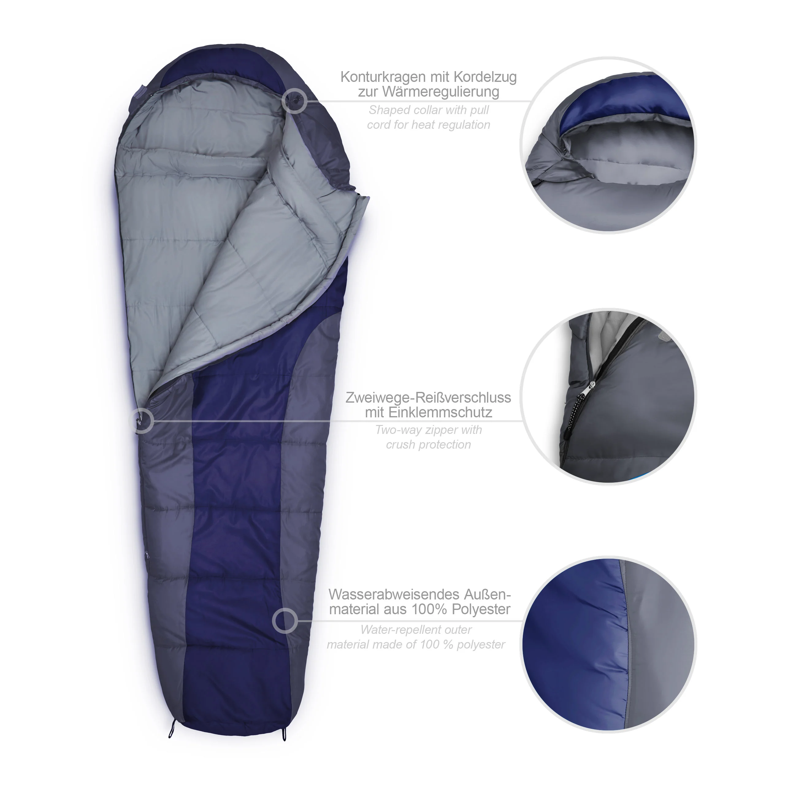 Camping Schlafsack Classic - Mumienschlafsack mit Tasche - 230 x 80 x 55 cm - Dunkelblau - Image 2