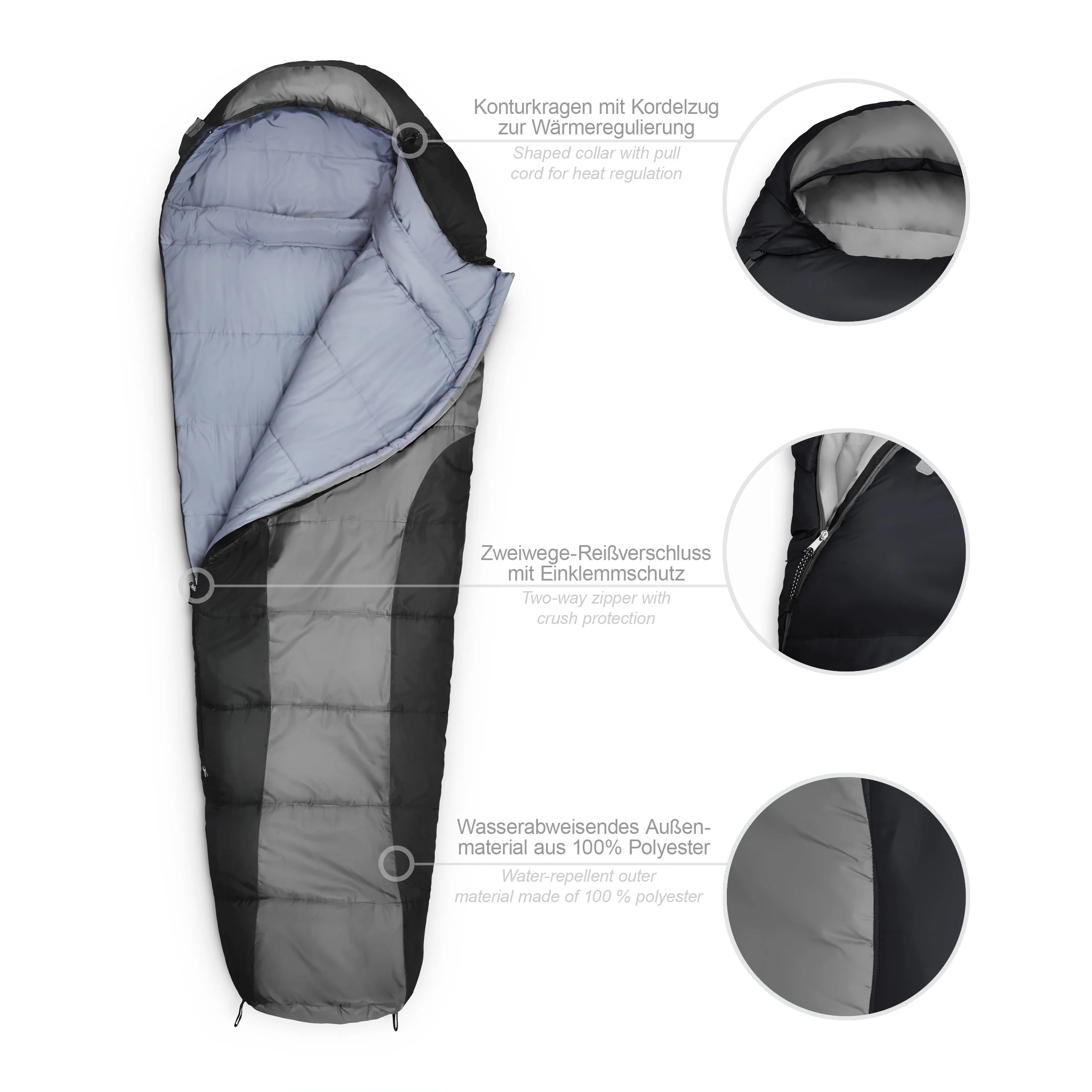 Camping Schlafsack Classic - Mumienschlafsack mit Tasche - 230 x 80 x 55 cm - Grau-Schwarz - Image 2