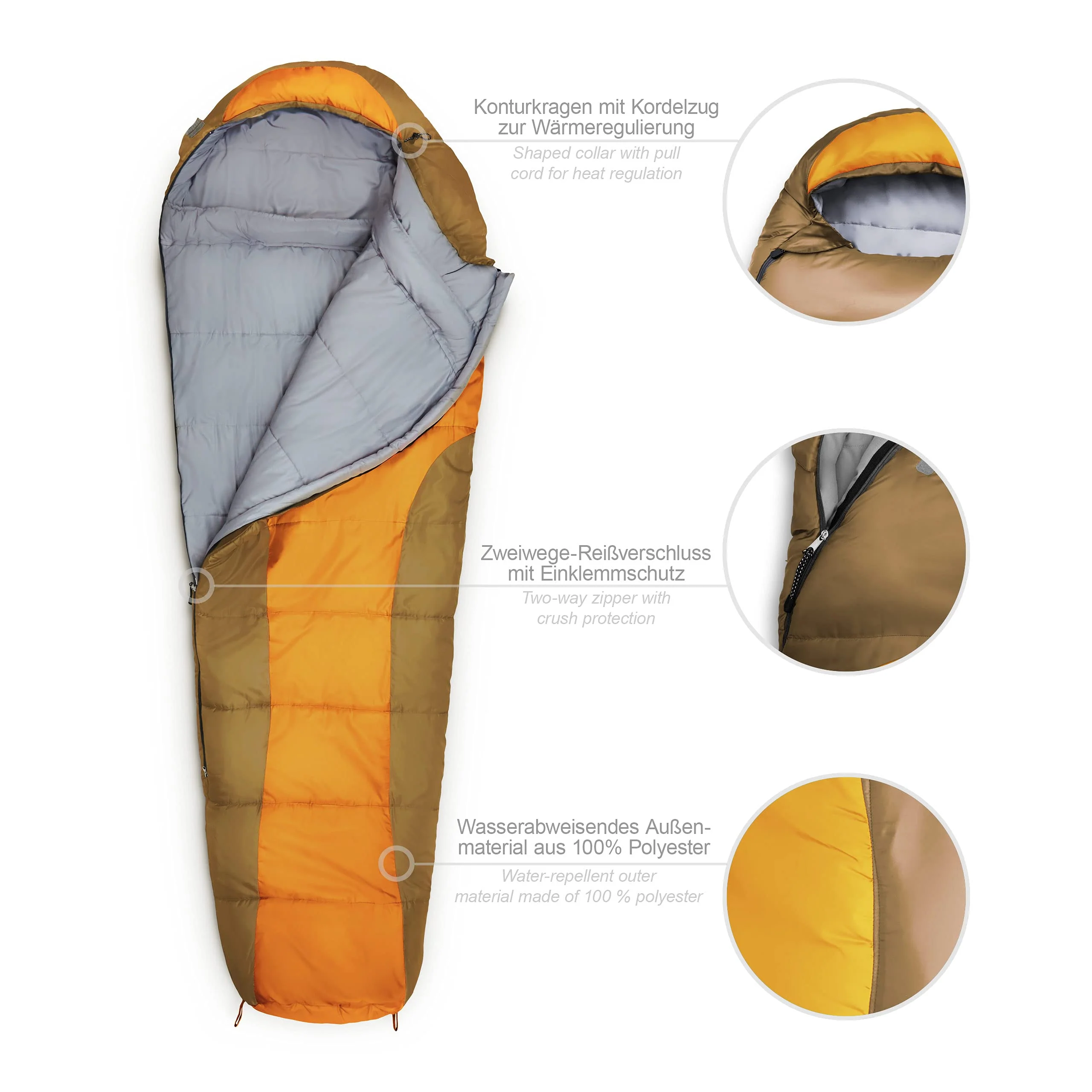 Camping Schlafsack Classic - Mumienschlafsack mit Tasche - 230 x 80 x 55 cm - Orange - Image 2