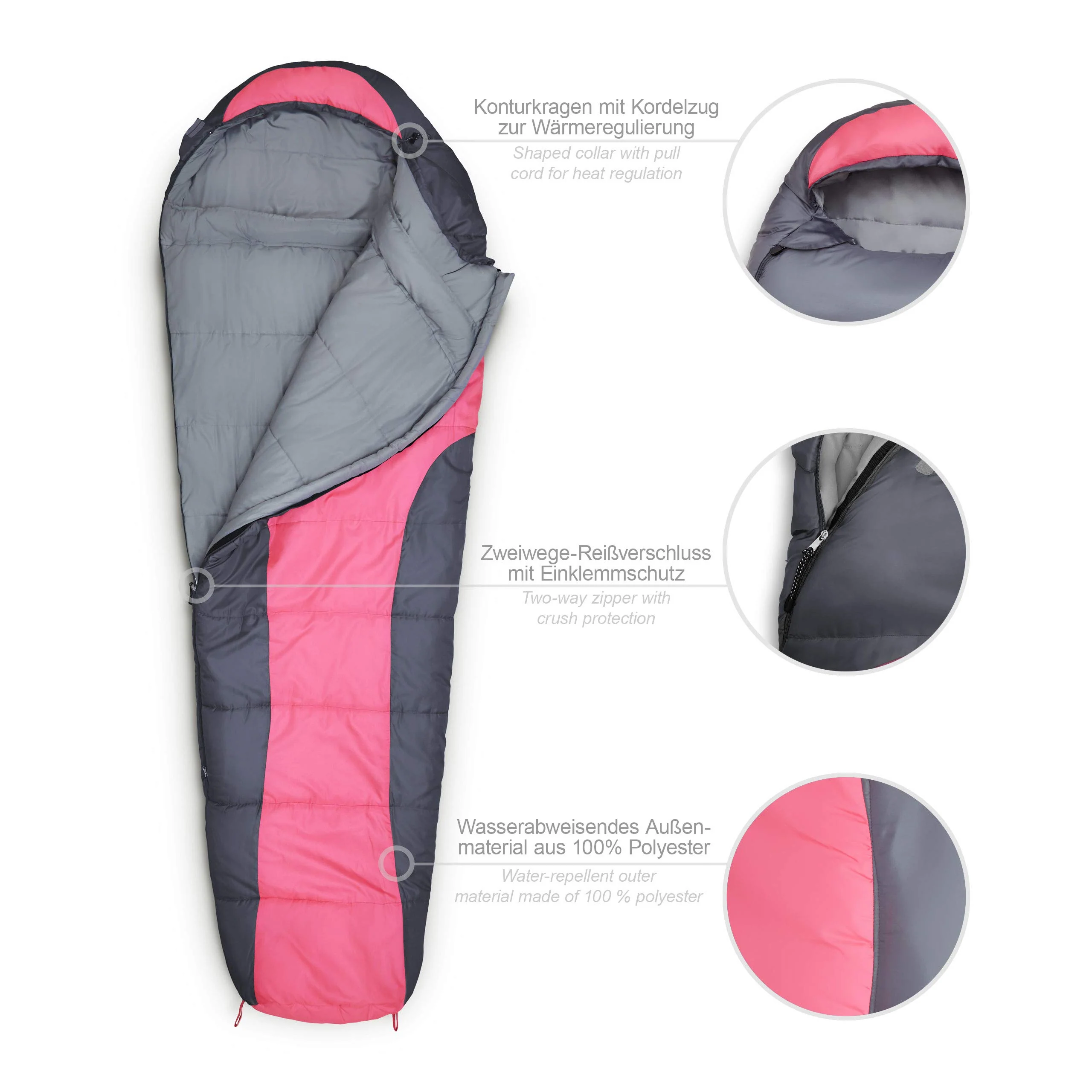 Camping Schlafsack Classic - Mumienschlafsack mit Tasche - 230 x 80 x 55 cm - Pink - Image 4