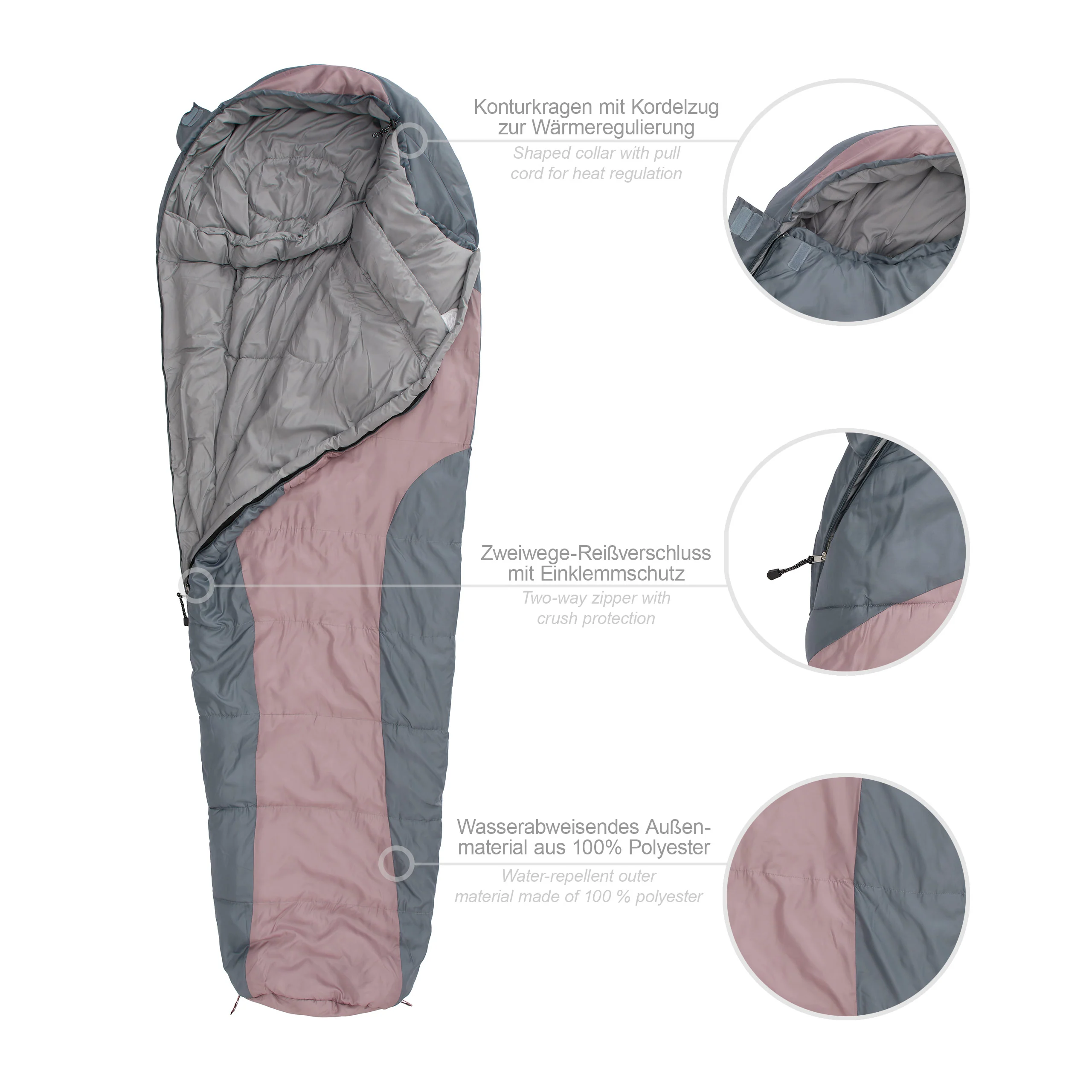 Camping Schlafsack Classic - Mumienschlafsack mit Tasche - 230 x 80 x 55 cm - Rosé - Image 2