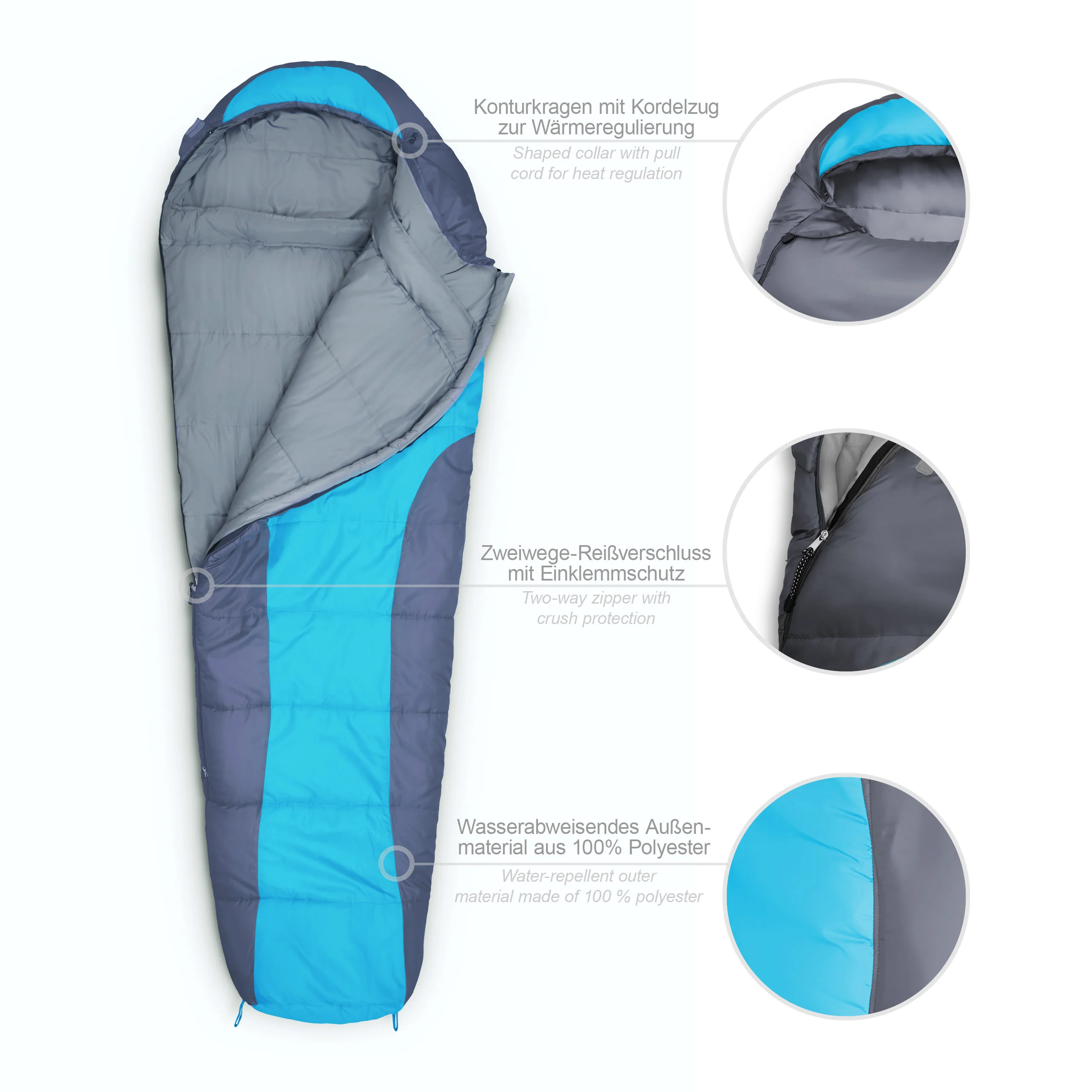 Camping Schlafsack Classic - Mumienschlafsack mit Tasche - 230 x 80 x 55 cm - Türkis - Image 2