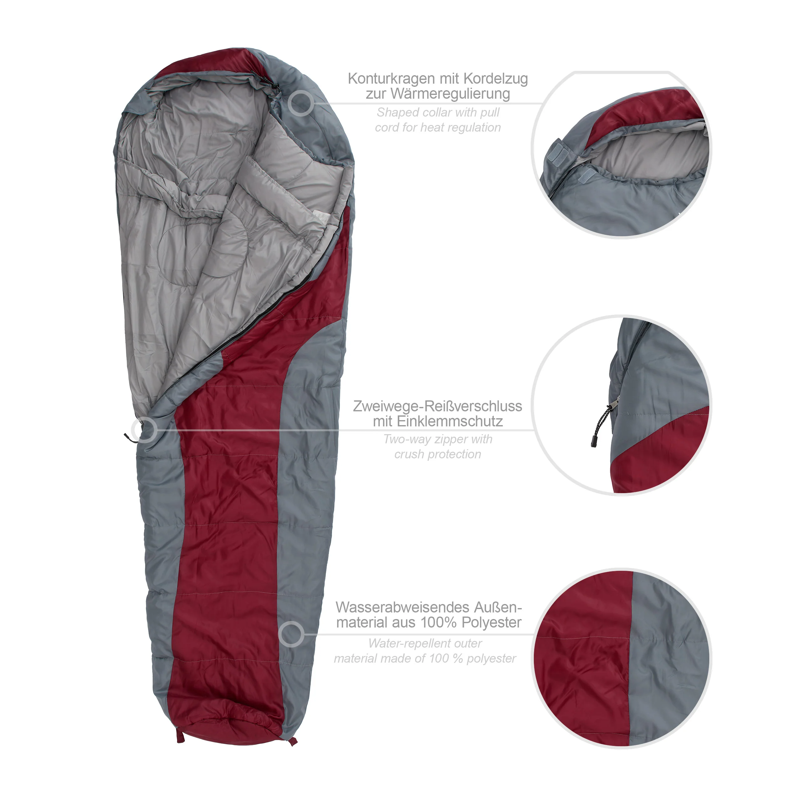 Camping Schlafsack Classic - Mumienschlafsack mit Tasche - 230 x 80 x 55 cm - Weinrot - Image 2
