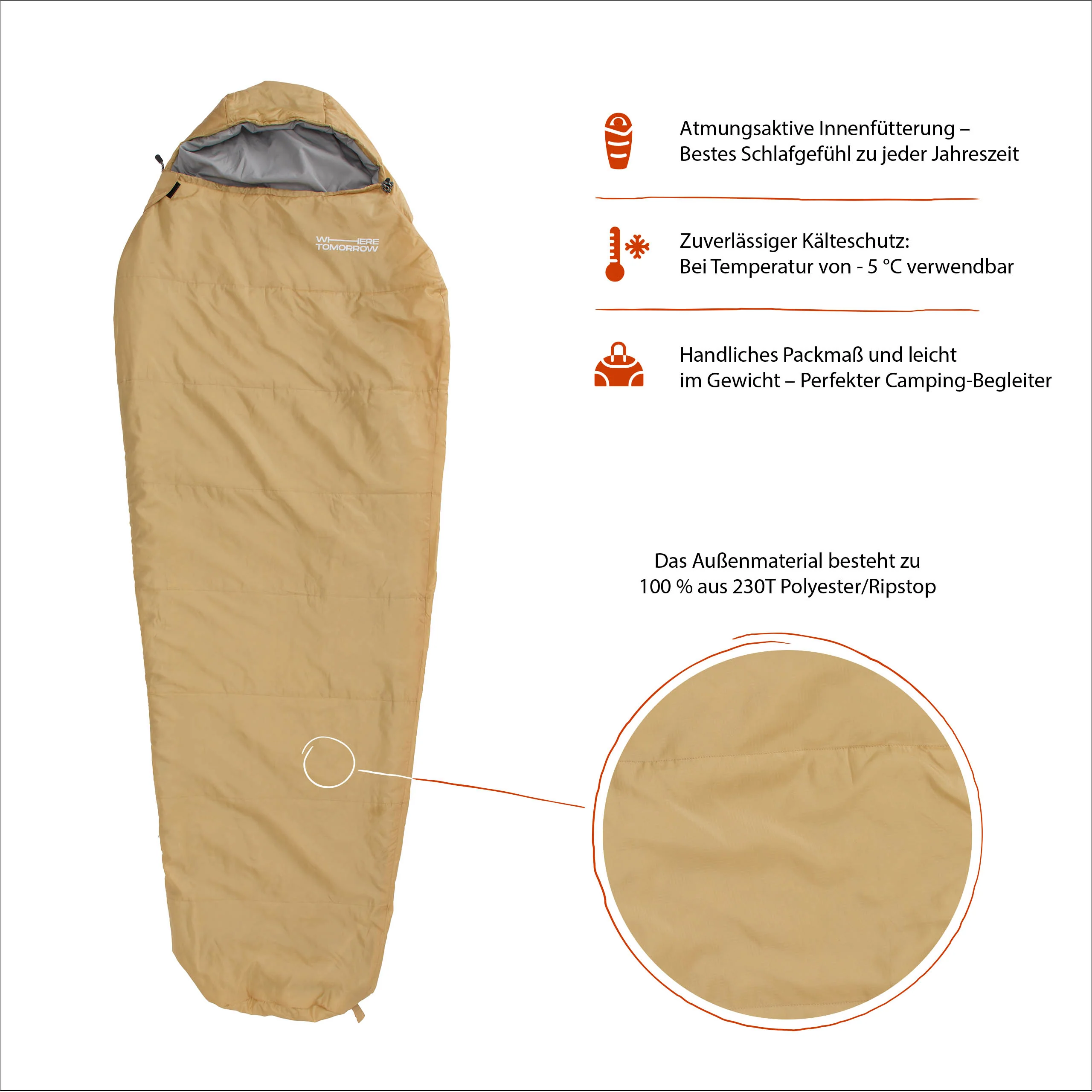 Camping Schlafsack Small & Light - Mumienschlafsack mit Tasche - 220 x 80 x 50 cm - Curry - Image 4