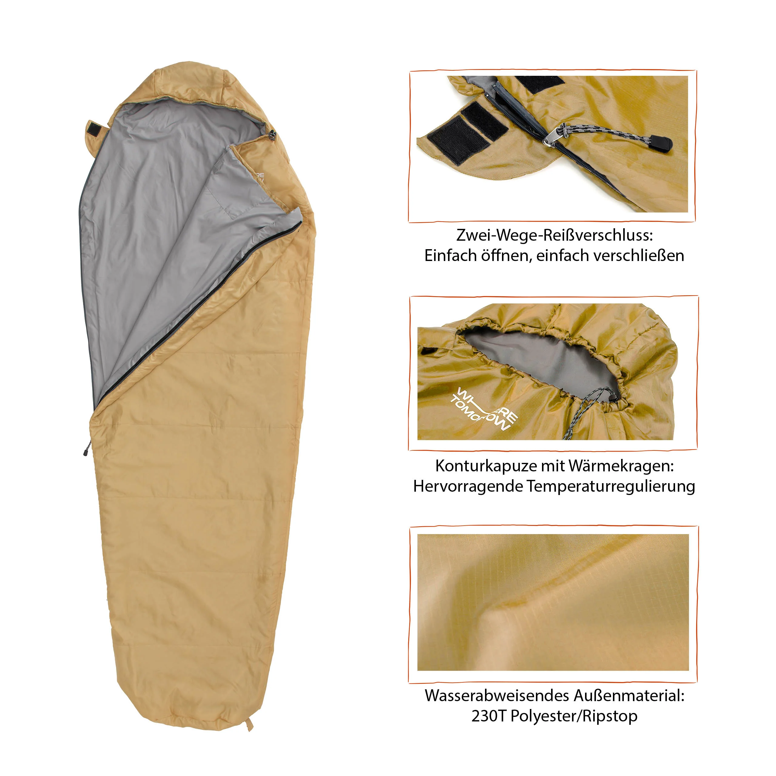 Camping Schlafsack Small & Light - Mumienschlafsack mit Tasche - 220 x 80 x 50 cm - Curry - Image 5