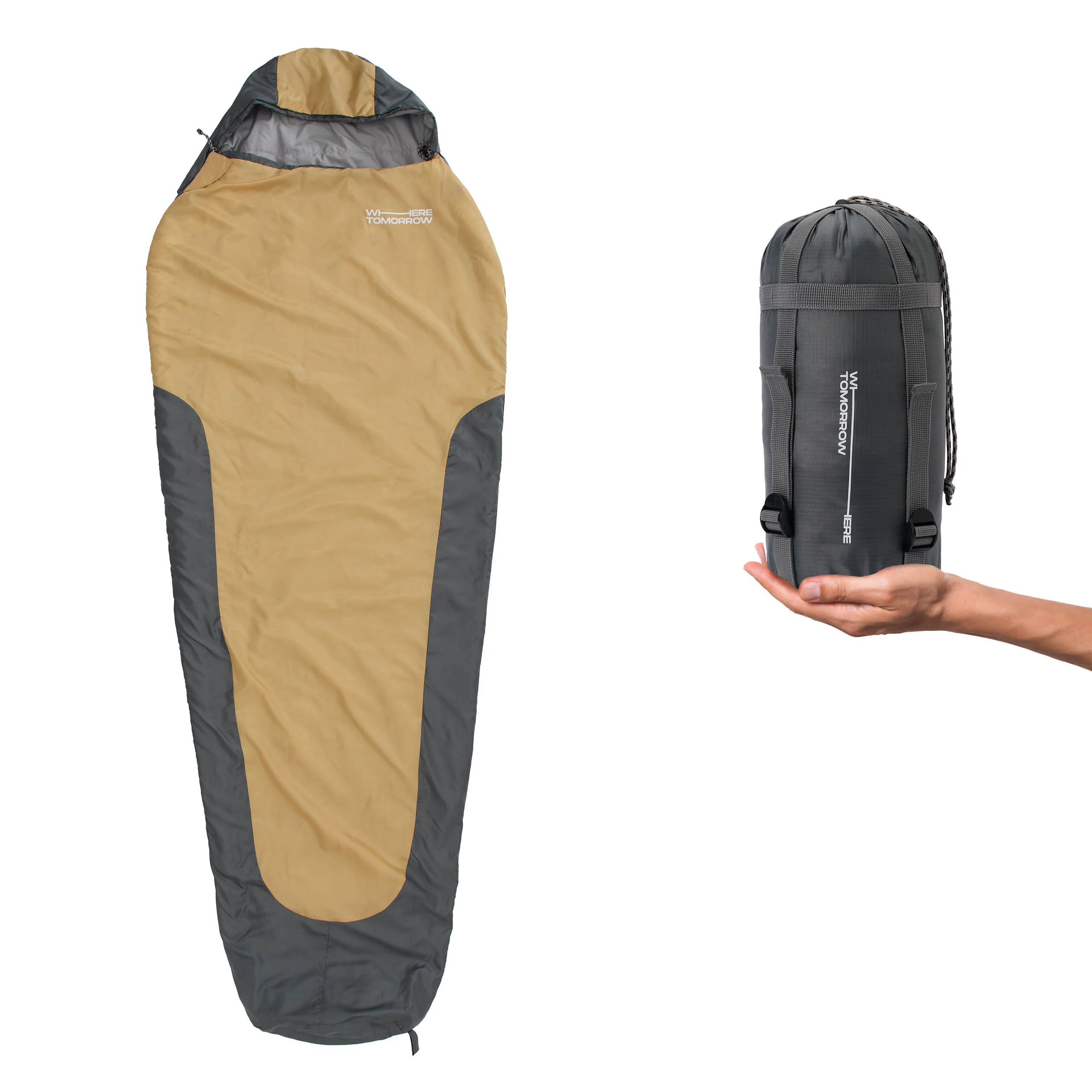 Camping Schlafsack Small & Light - Mumienschlafsack mit Tasche - 220 x 80 x 50 cm - Curry-Grau