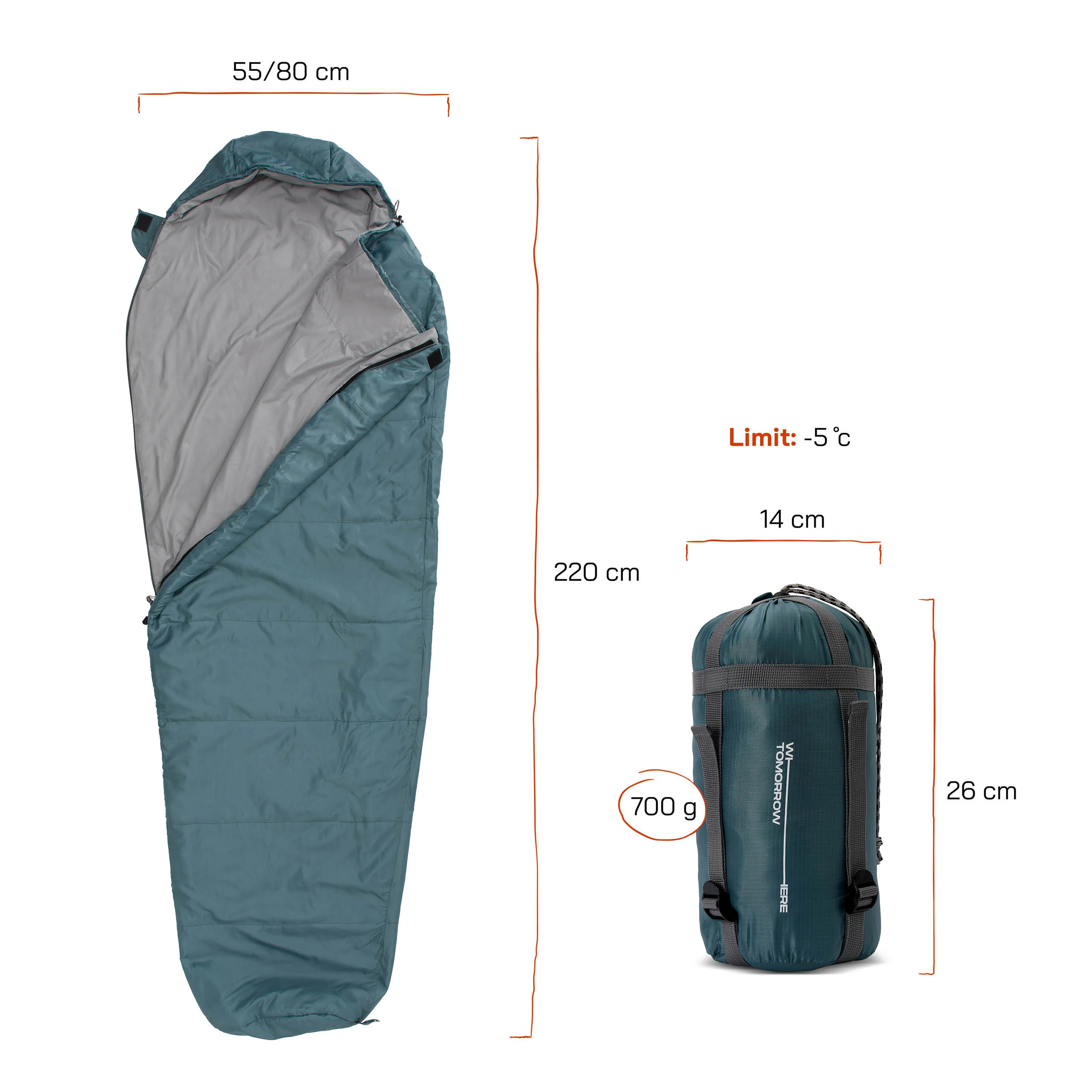 Camping Schlafsack Small & Light - Mumienschlafsack mit Tasche - 220 x 80 x 50 cm - Goblinblau - Image 2