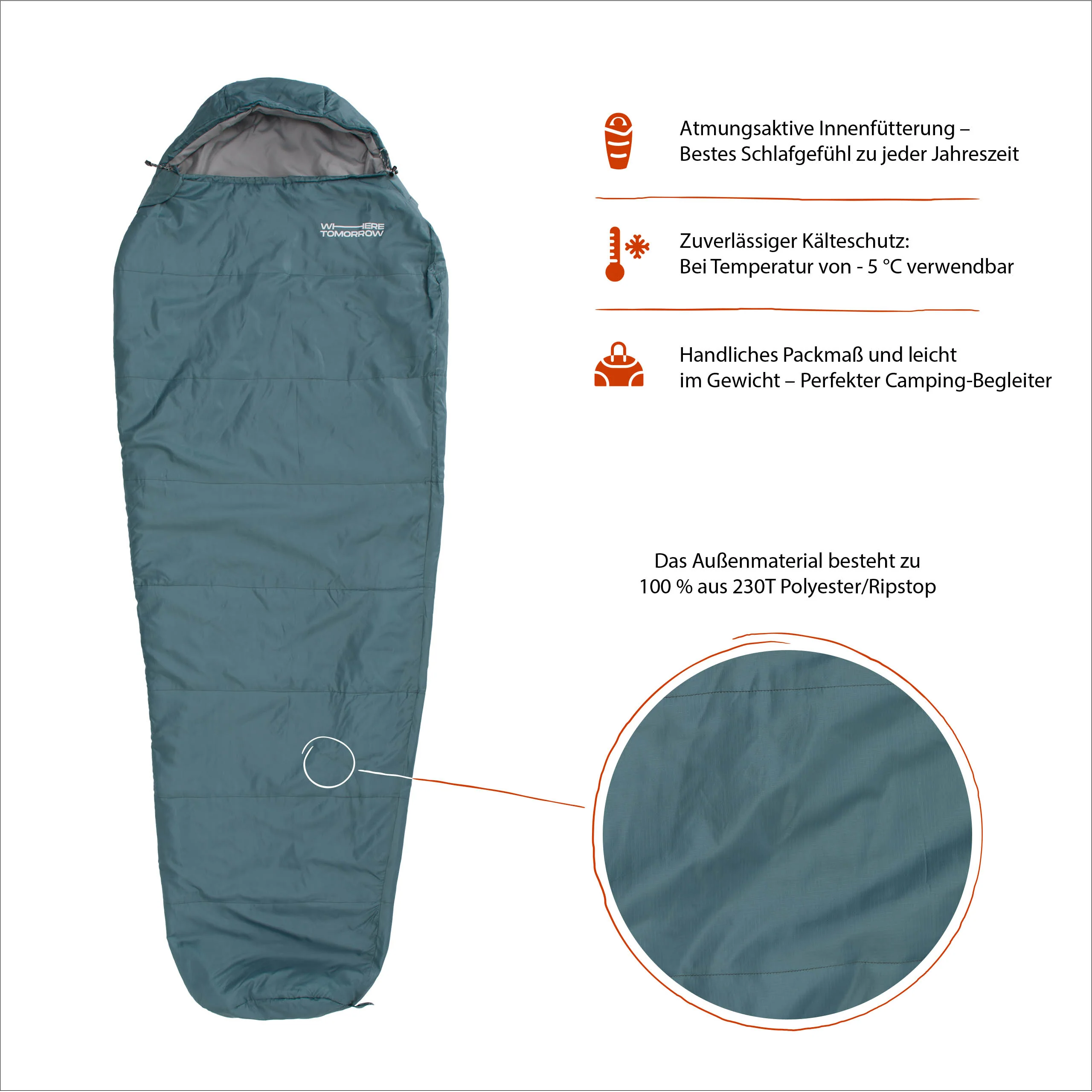 Camping Schlafsack Small & Light - Mumienschlafsack mit Tasche - 220 x 80 x 50 cm - Goblinblau - Image 4