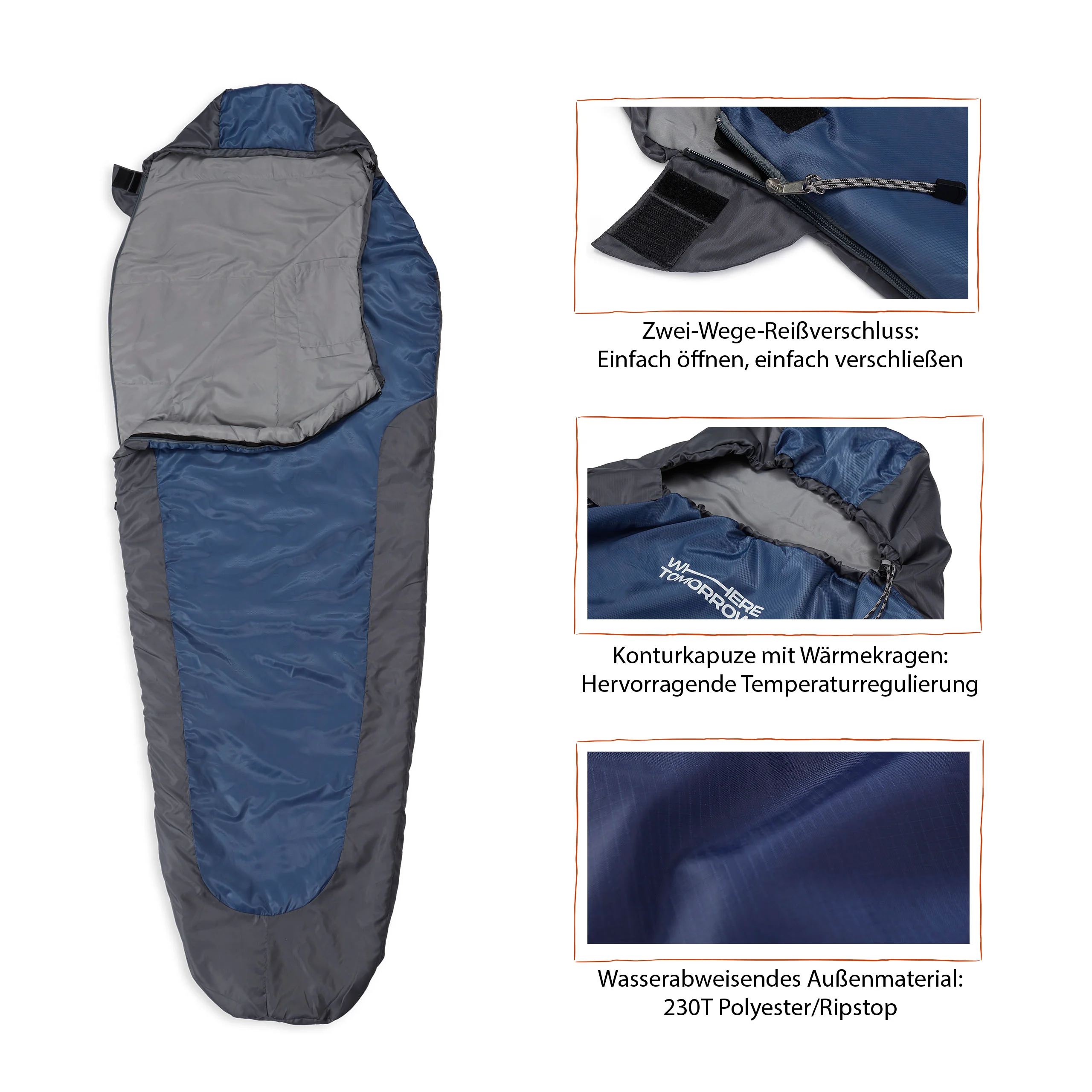 Camping Schlafsack Small & Light - Mumienschlafsack mit Tasche - 220 x 80 x 50 cm - Grau-Navyblau - Image 5