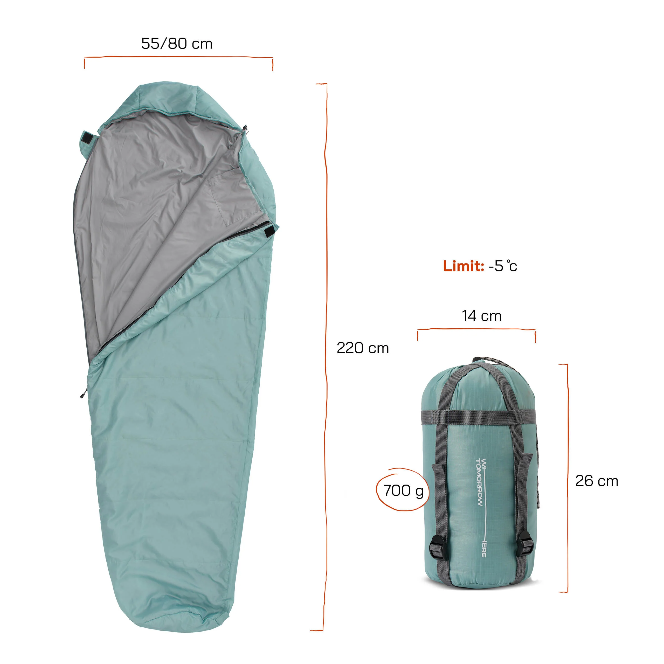 Camping Schlafsack Small & Light - Mumienschlafsack mit Tasche - 220 x 80 x 50 cm - Hellblau - Image 2