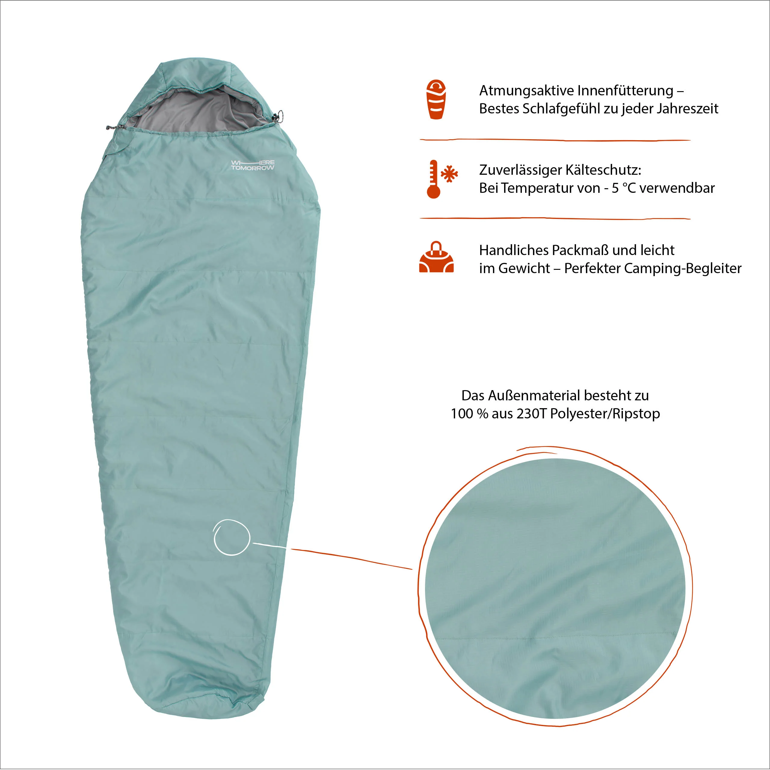 Camping Schlafsack Small & Light - Mumienschlafsack mit Tasche - 220 x 80 x 50 cm - Hellblau - Image 3