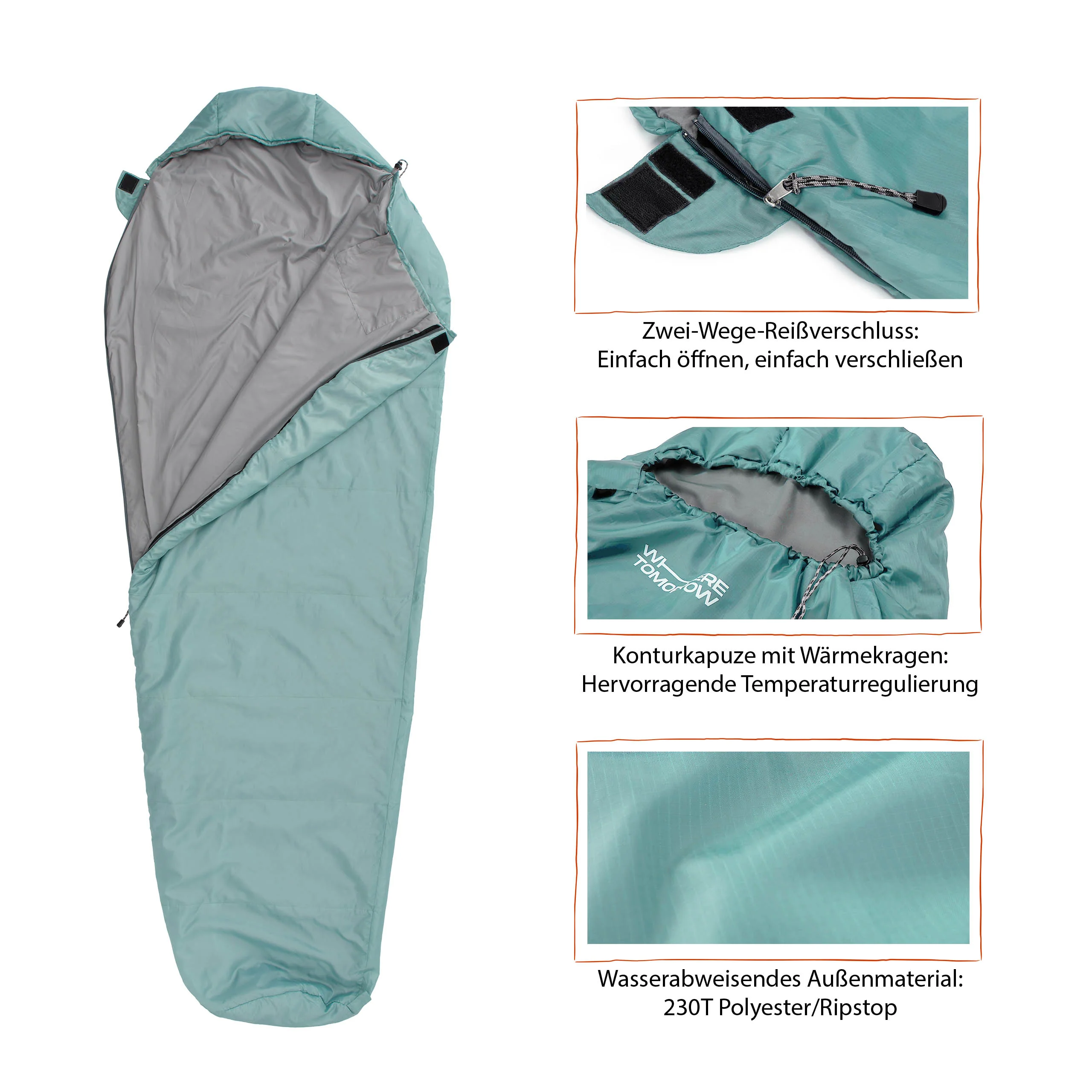 Camping Schlafsack Small & Light - Mumienschlafsack mit Tasche - 220 x 80 x 50 cm - Hellblau - Image 4