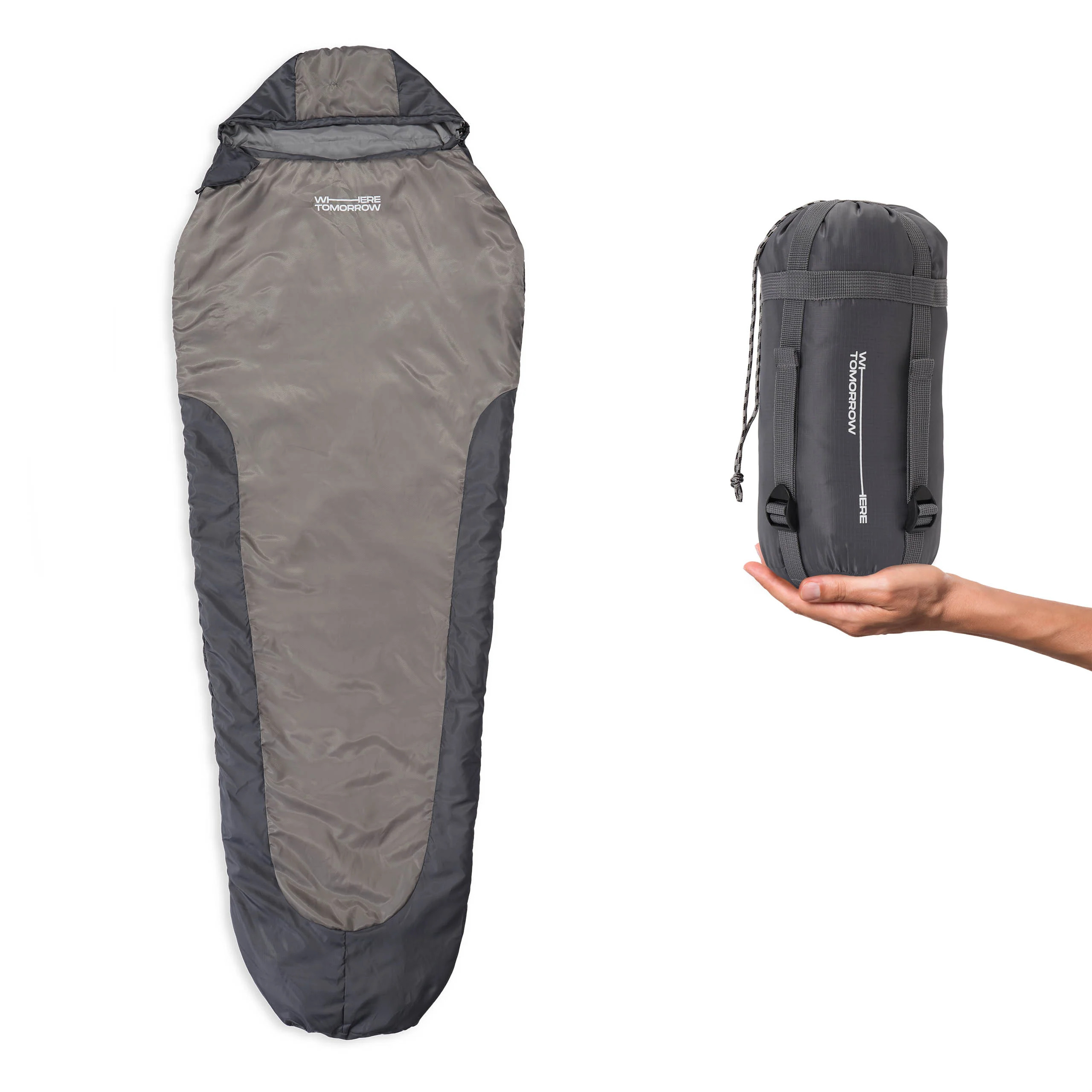 Camping Schlafsack Small & Light - Mumienschlafsack mit Tasche - 220 x 80 x 50 cm - Hellgrau - Image 2