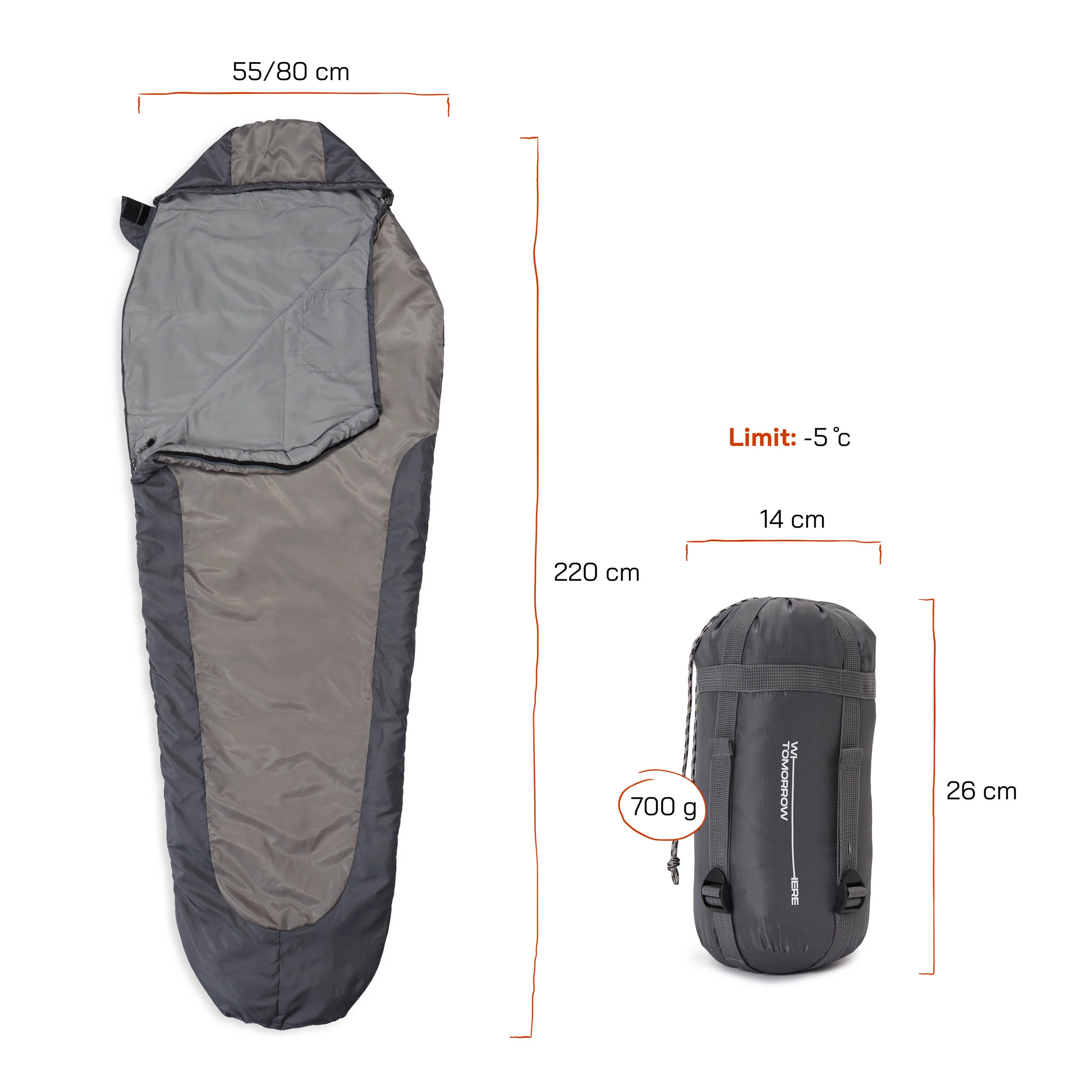 Camping Schlafsack Small & Light - Mumienschlafsack mit Tasche - 220 x 80 x 50 cm - Hellgrau - Image 3