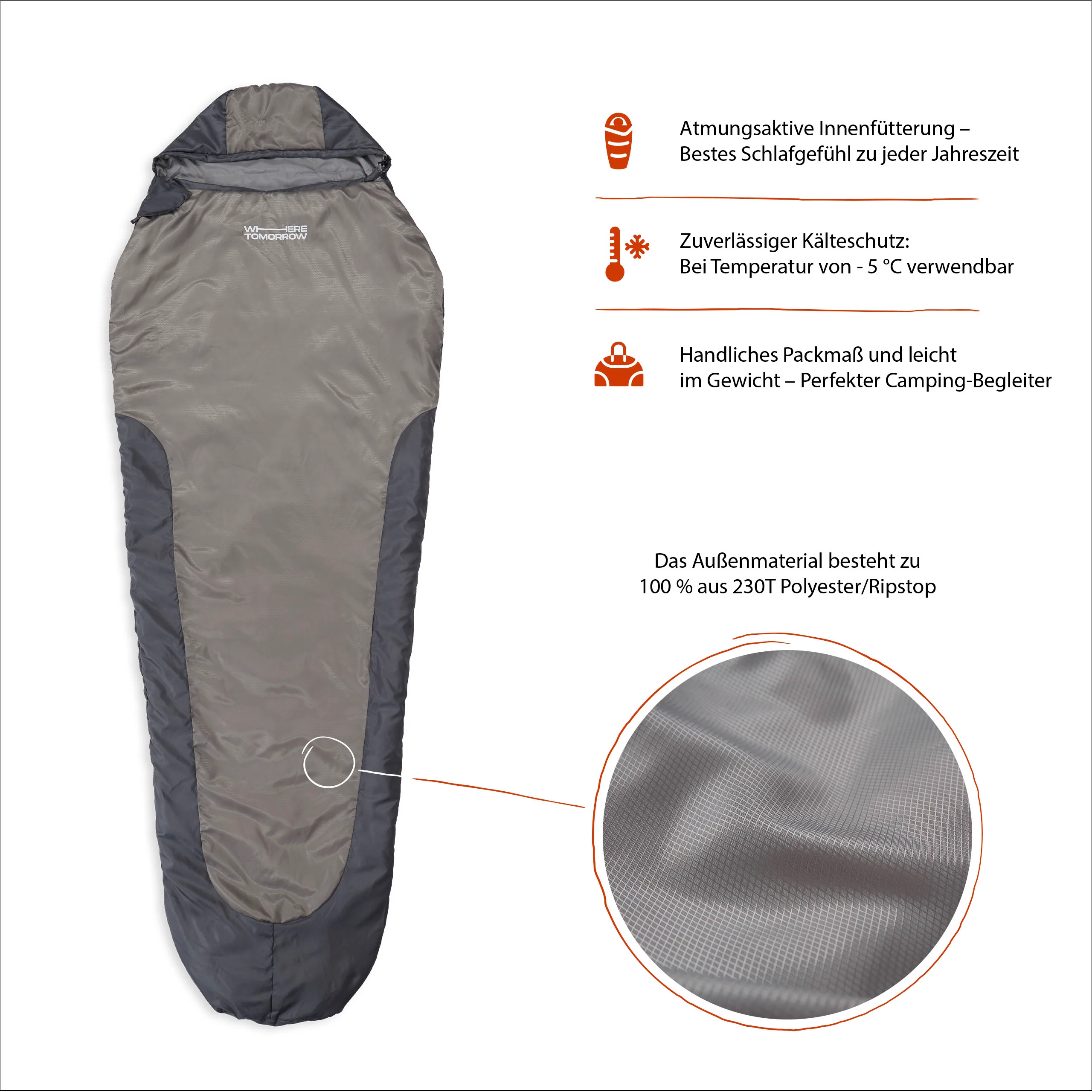Camping Schlafsack Small & Light - Mumienschlafsack mit Tasche - 220 x 80 x 50 cm - Hellgrau - Image 4
