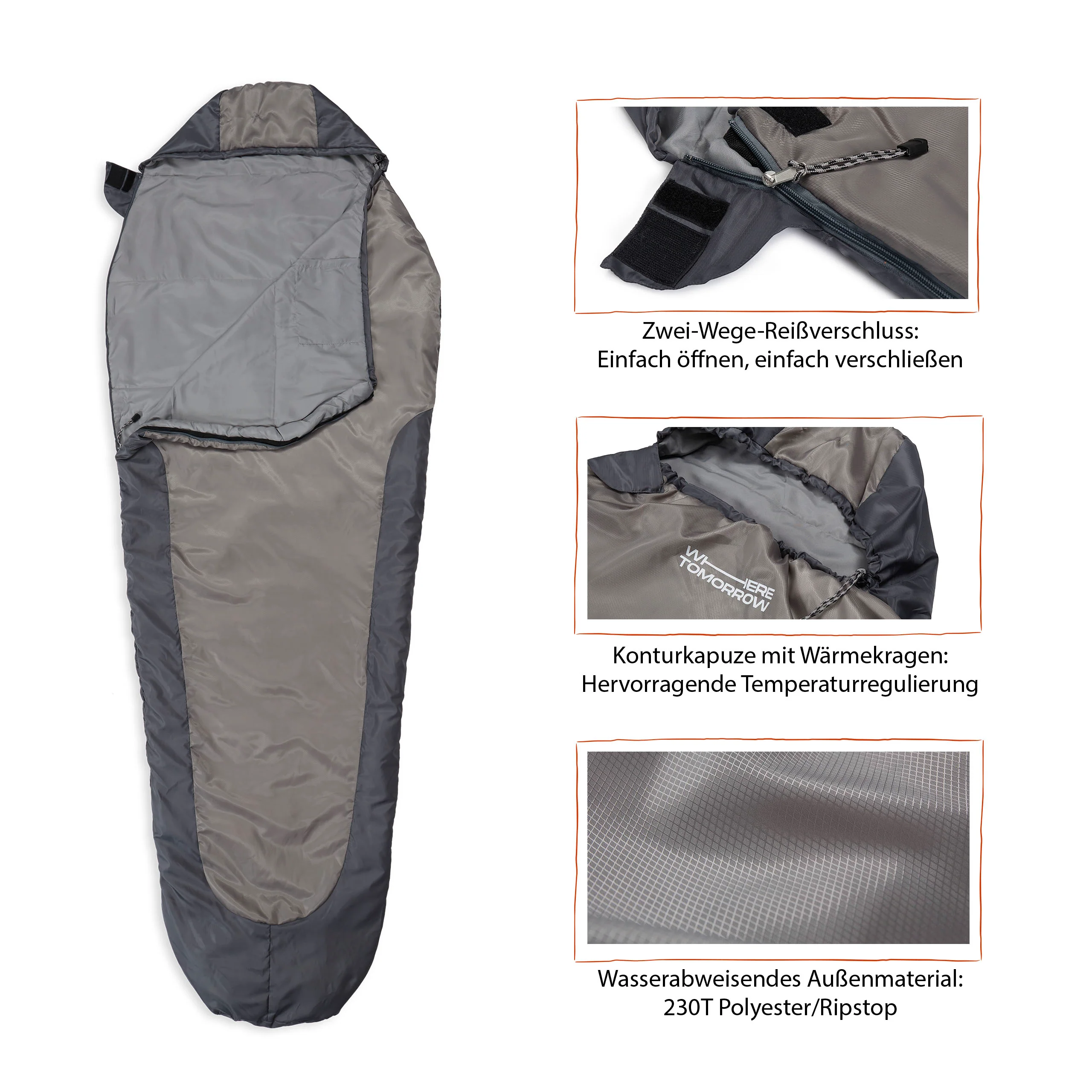 Camping Schlafsack Small & Light - Mumienschlafsack mit Tasche - 220 x 80 x 50 cm - Hellgrau - Image 5