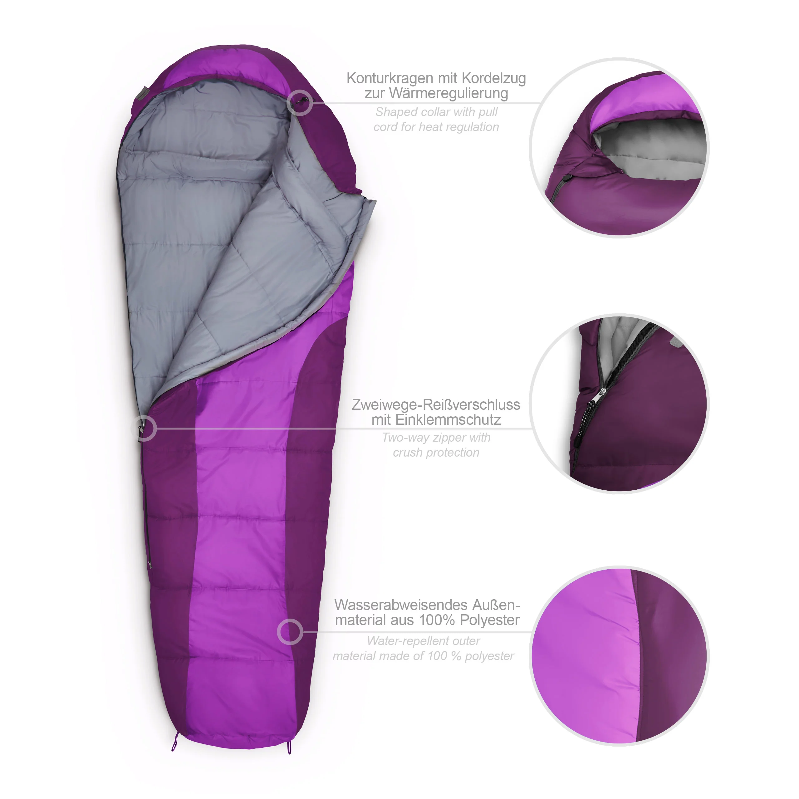 Camping Schlafsack Small & Light - Mumienschlafsack mit Tasche - 220 x 80 x 50 cm - Lila - Image 2