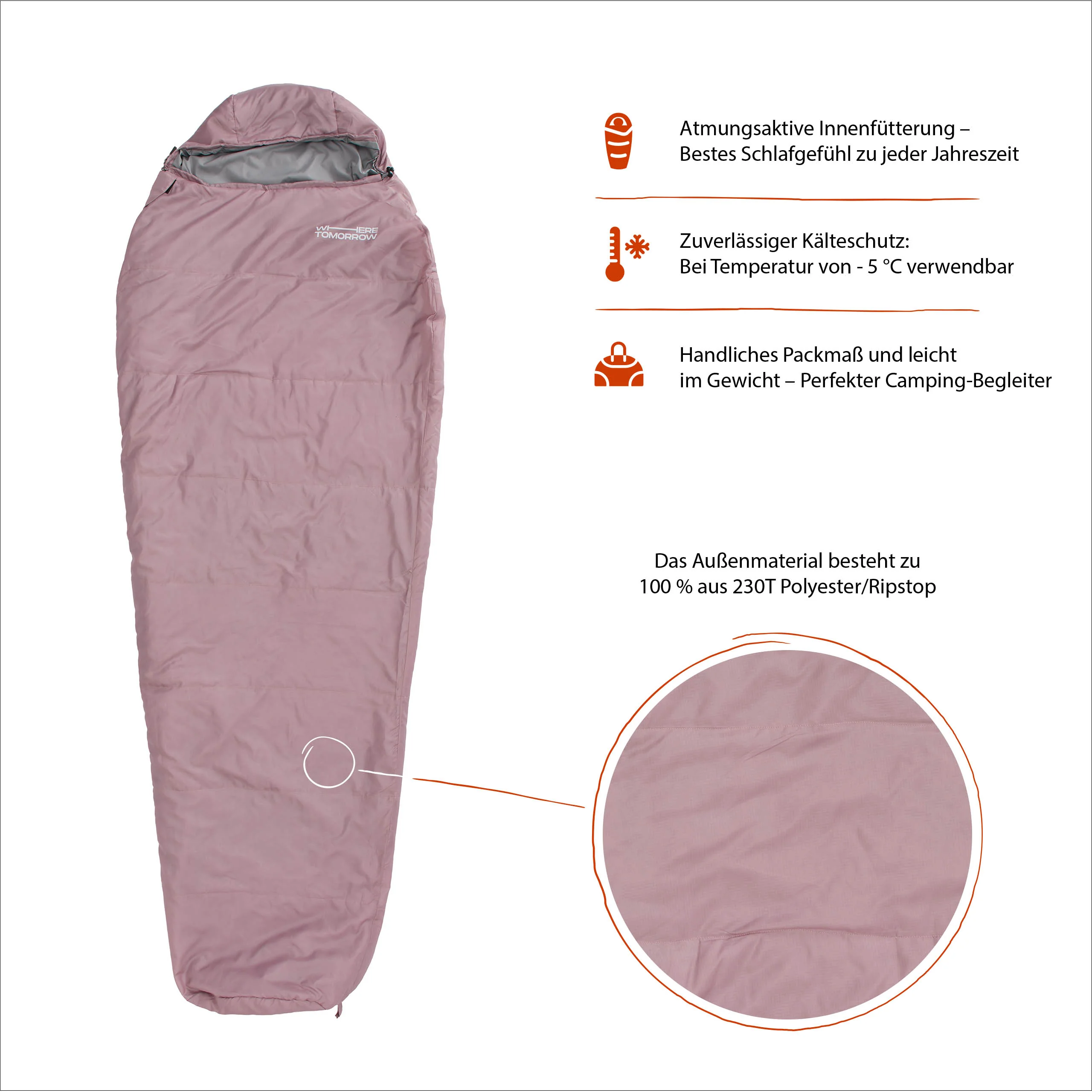 Camping Schlafsack Small & Light - Mumienschlafsack mit Tasche - 220 x 80 x 50 cm - Rose - Image 3