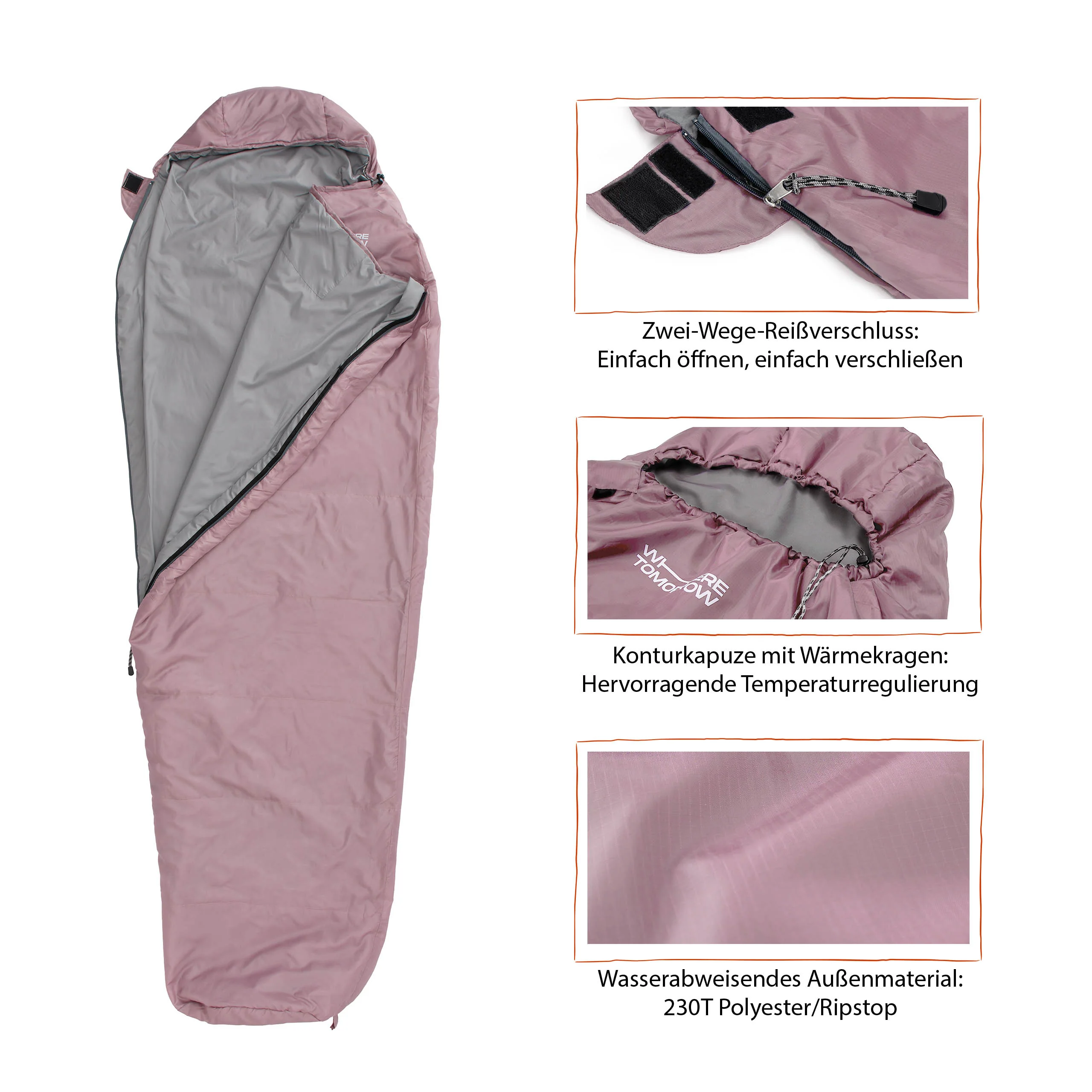 Camping Schlafsack Small & Light - Mumienschlafsack mit Tasche - 220 x 80 x 50 cm - Rose - Image 4