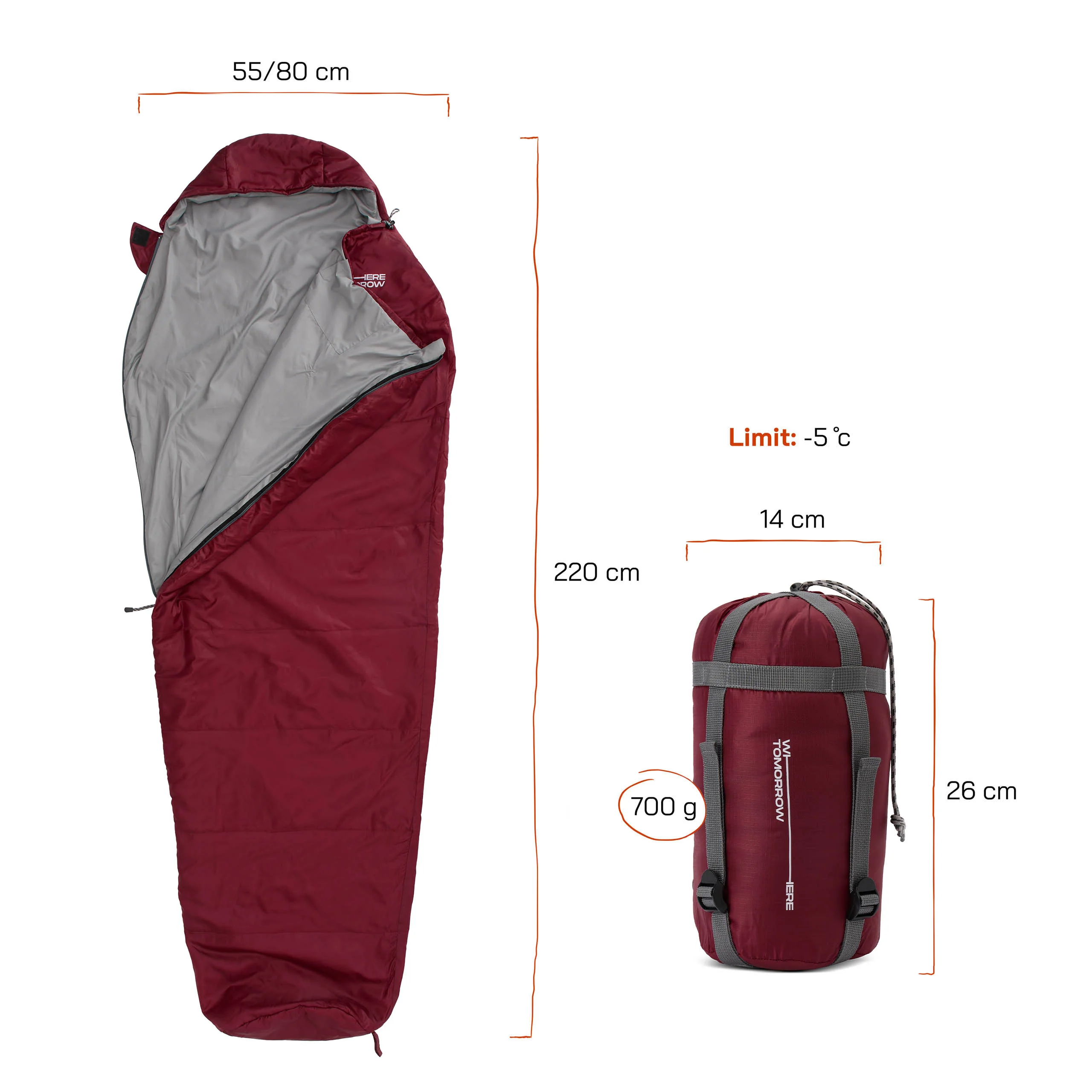 Camping Schlafsack Small & Light - Mumienschlafsack mit Tasche - 220 x 80 x 50 cm - Rot - Image 2