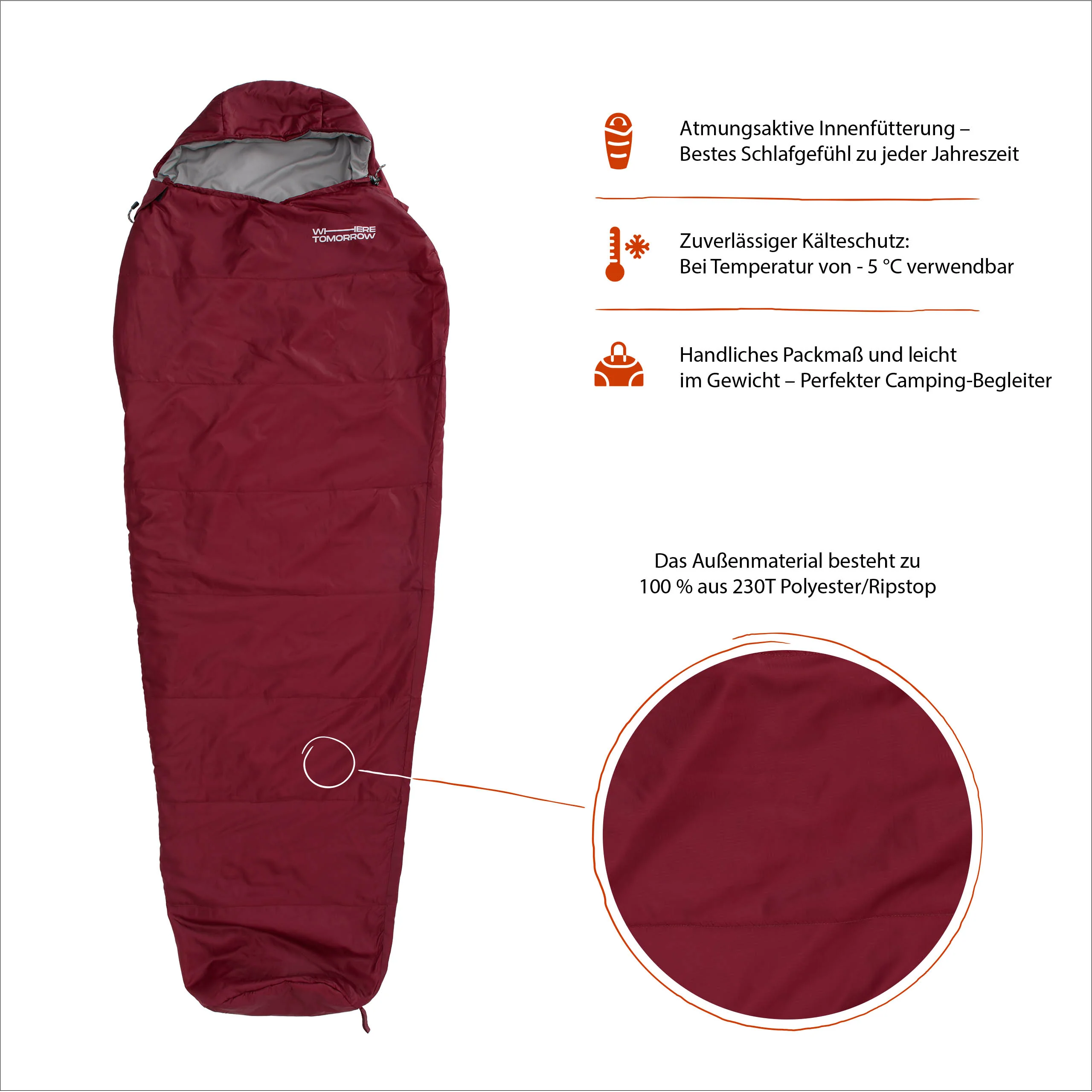 Camping Schlafsack Small & Light - Mumienschlafsack mit Tasche - 220 x 80 x 50 cm - Rot - Image 4