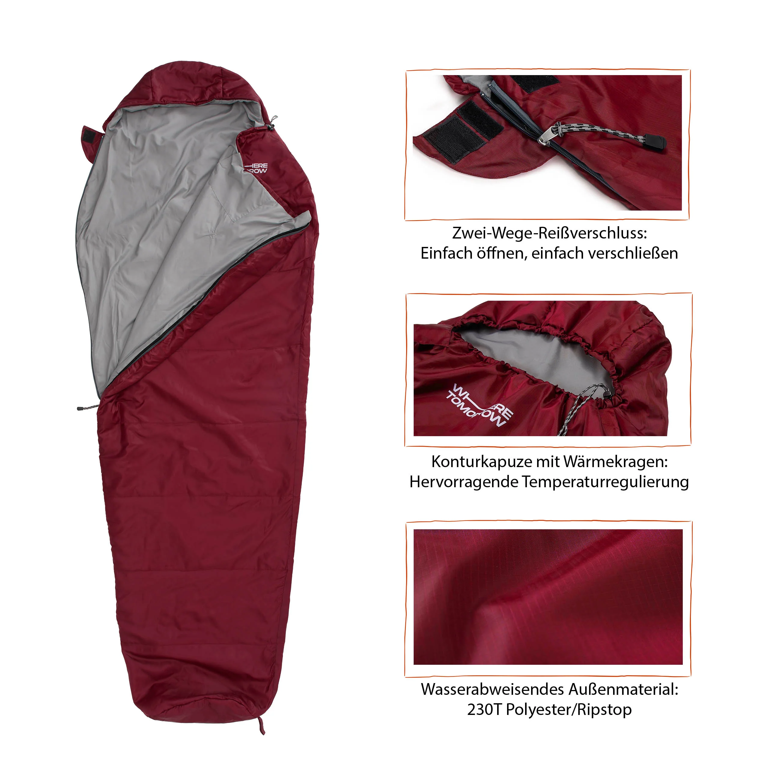 Camping Schlafsack Small & Light - Mumienschlafsack mit Tasche - 220 x 80 x 50 cm - Rot - Image 5