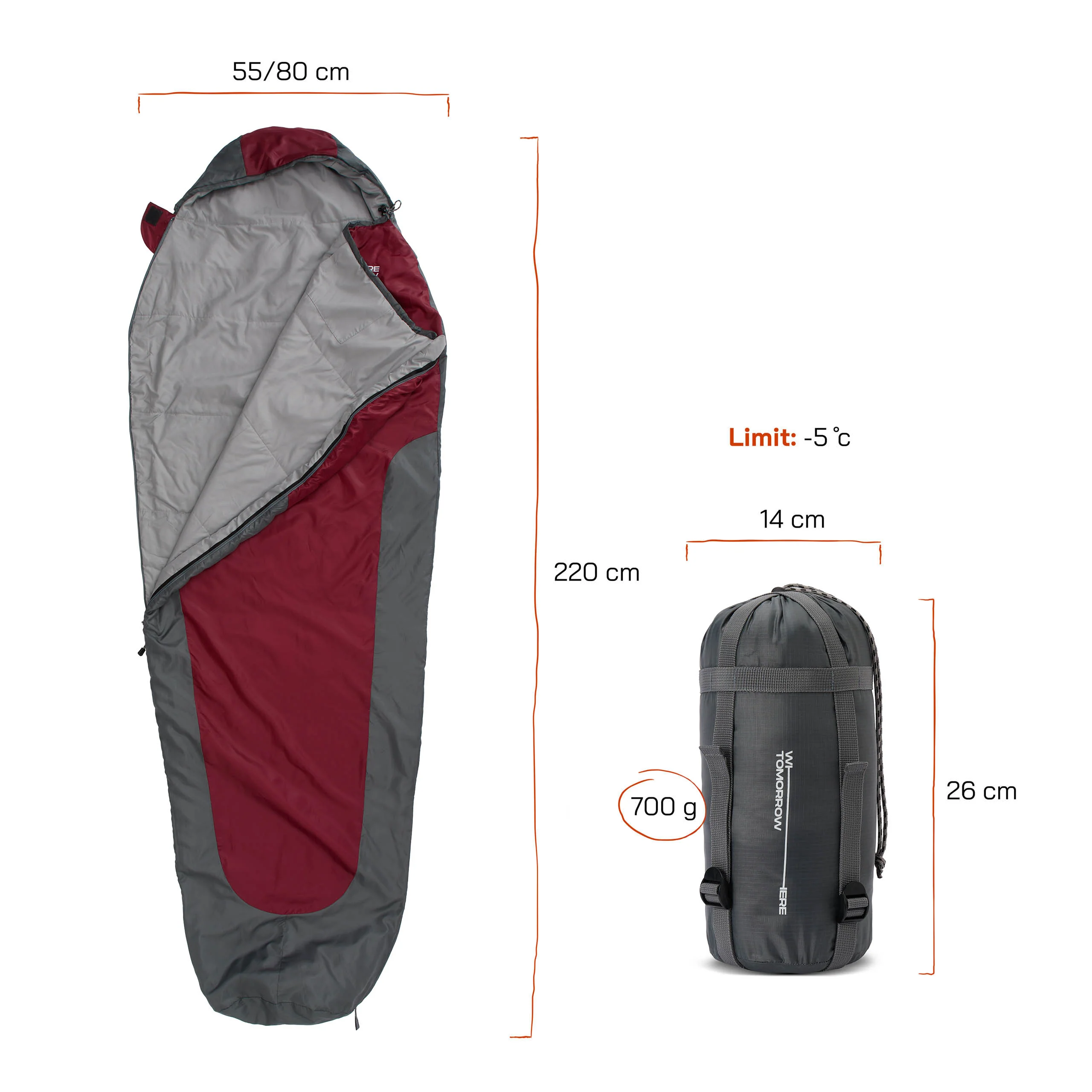 Camping Schlafsack Small & Light - Mumienschlafsack mit Tasche - 220 x 80 x 50 cm - Rot-Grau - Image 2