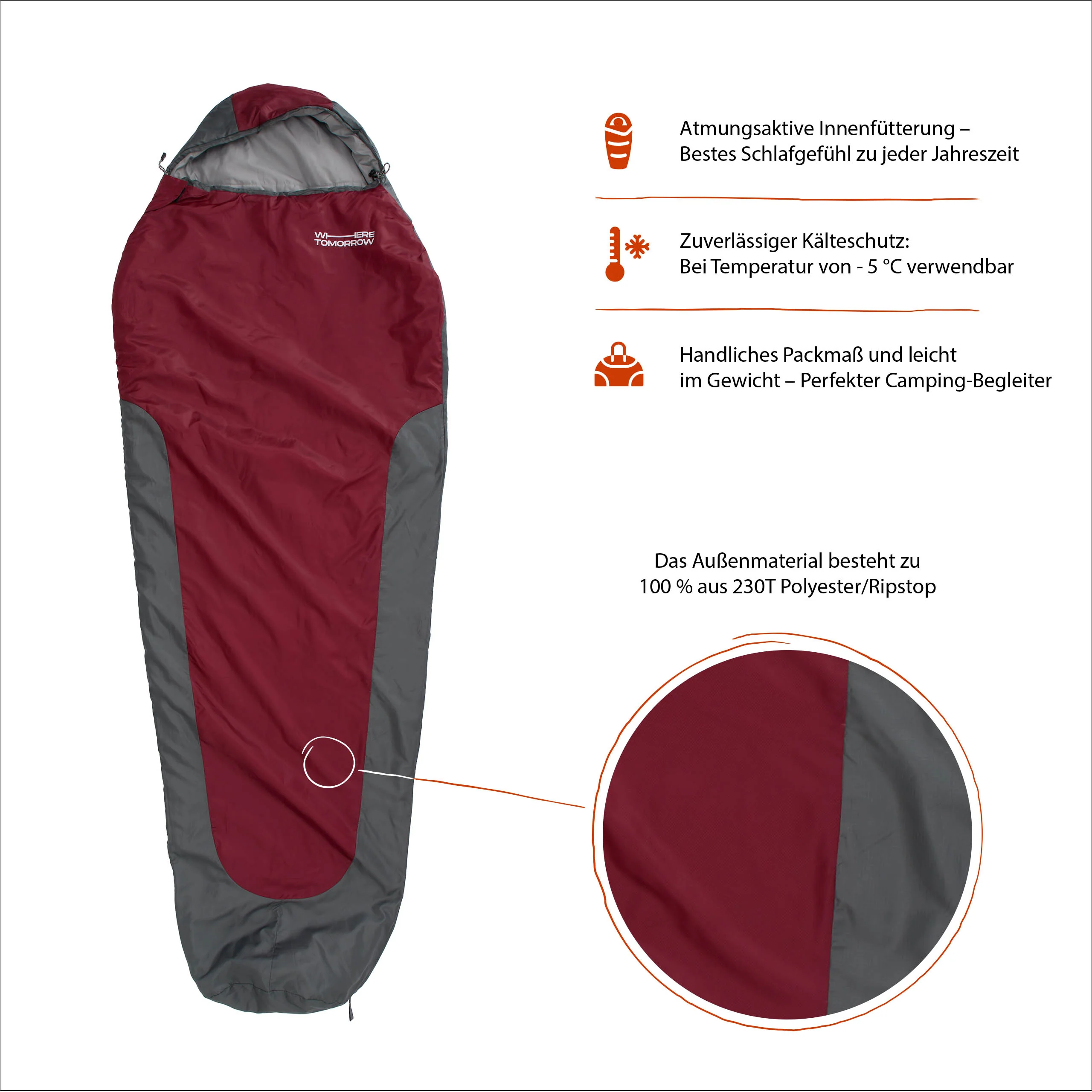 Camping Schlafsack Small & Light - Mumienschlafsack mit Tasche - 220 x 80 x 50 cm - Rot-Grau - Image 4