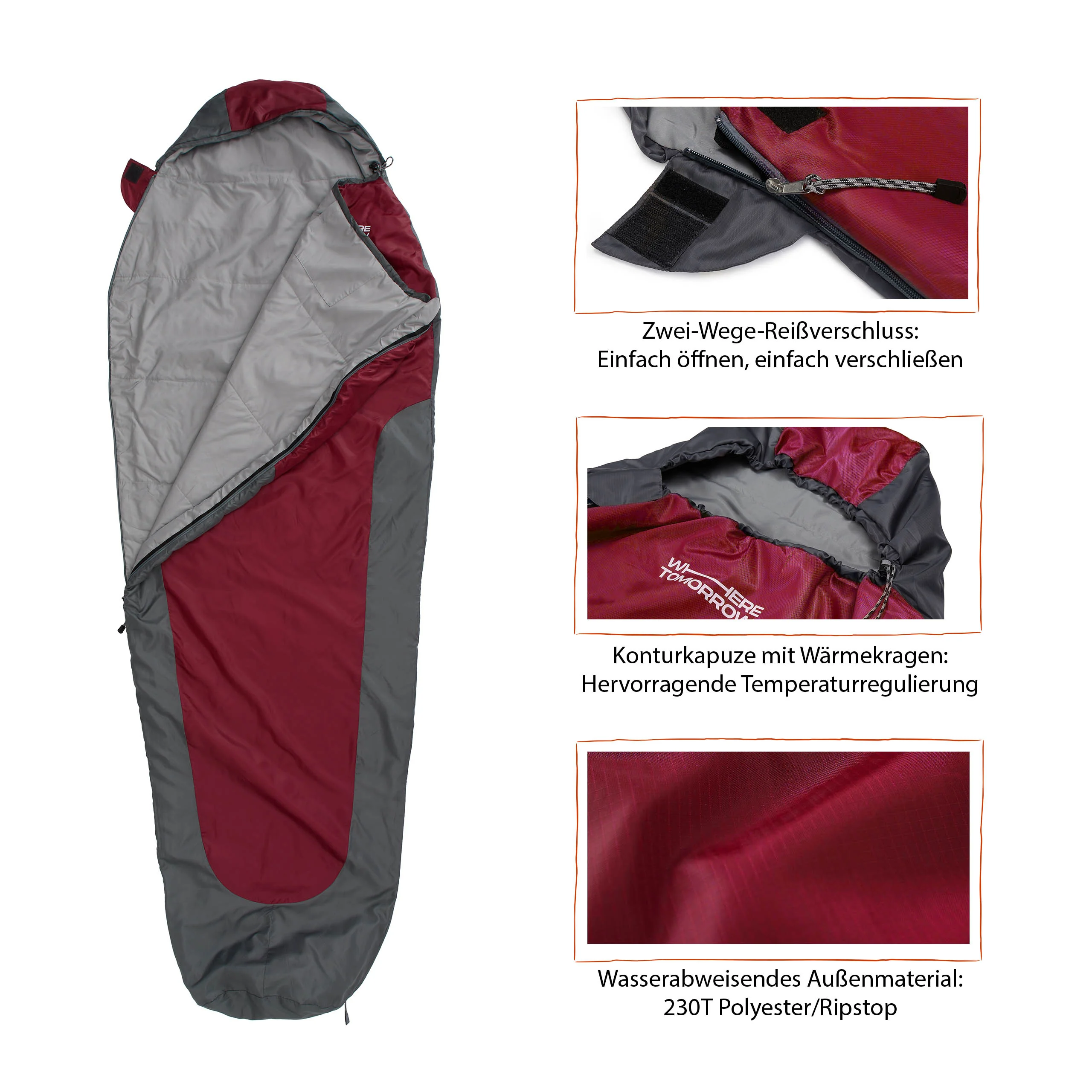 Camping Schlafsack Small & Light - Mumienschlafsack mit Tasche - 220 x 80 x 50 cm - Rot-Grau - Image 5