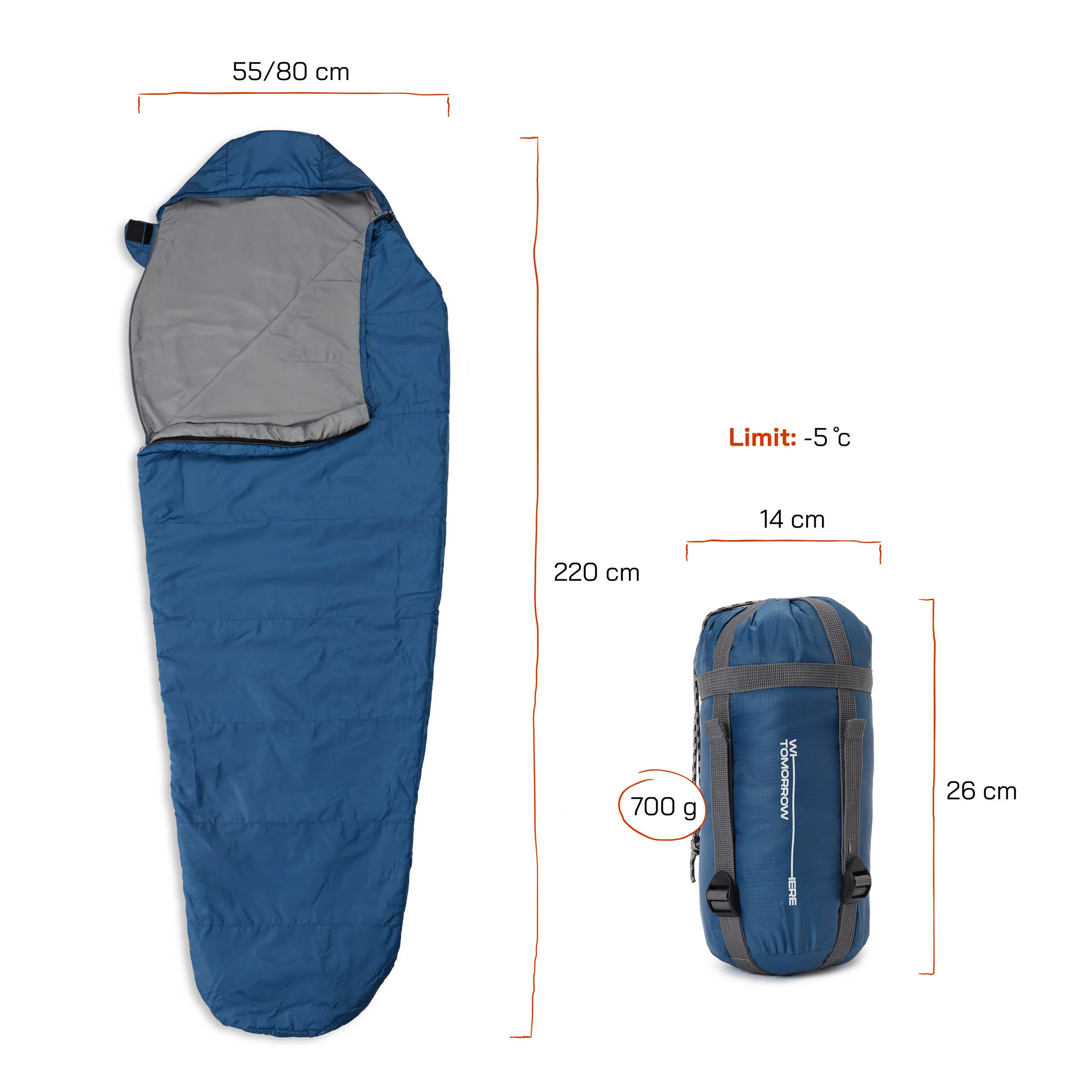 Camping Schlafsack Small & Light - Mumienschlafsack mit Tasche - 220 x 80 x 50 cm - Royalblau - Image 3