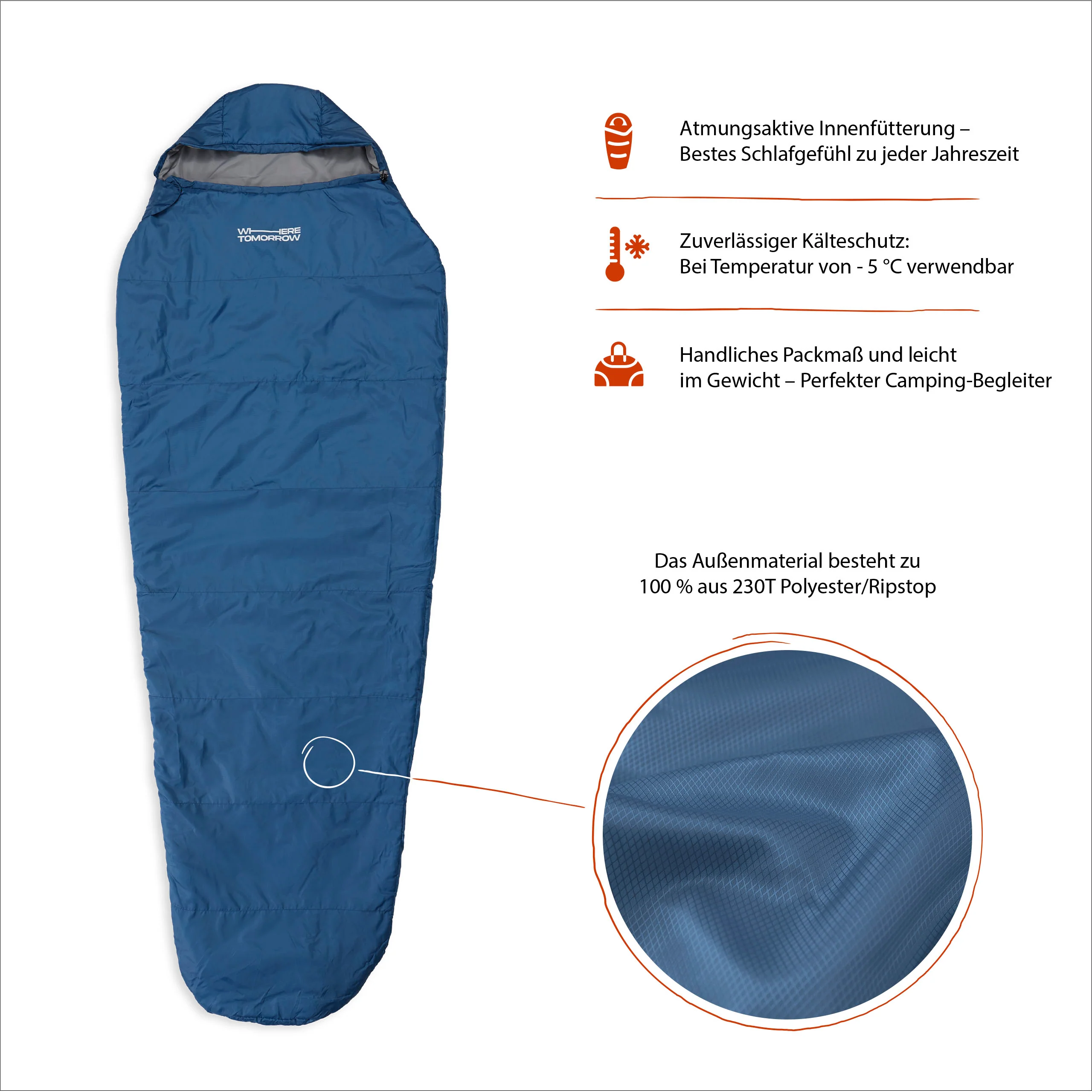 Camping Schlafsack Small & Light - Mumienschlafsack mit Tasche - 220 x 80 x 50 cm - Royalblau - Image 5