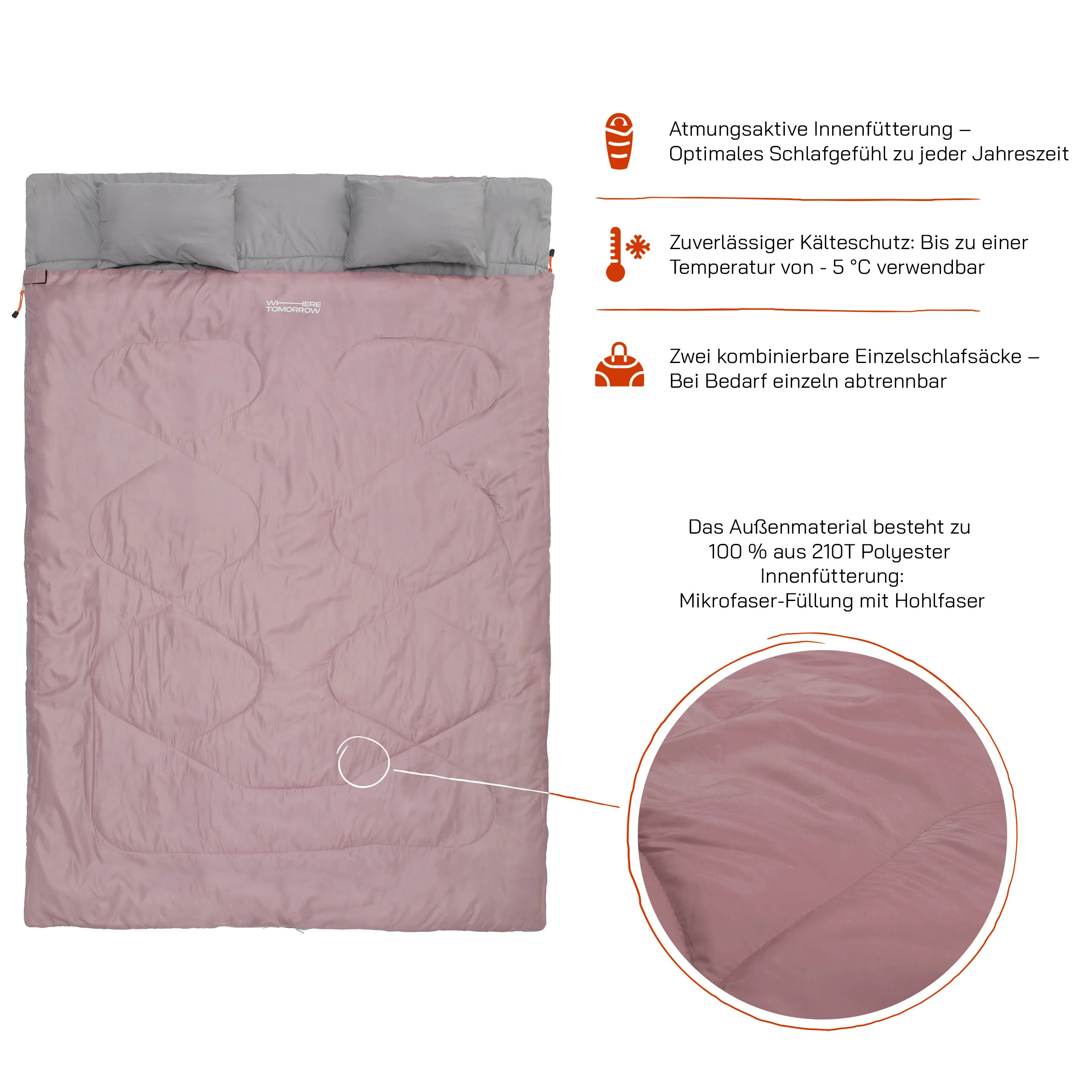 Doppelschlafsack mit Tragetasche - 2-Personen Schlafsack - 190 x 150 cm - Rosé - Image 5
