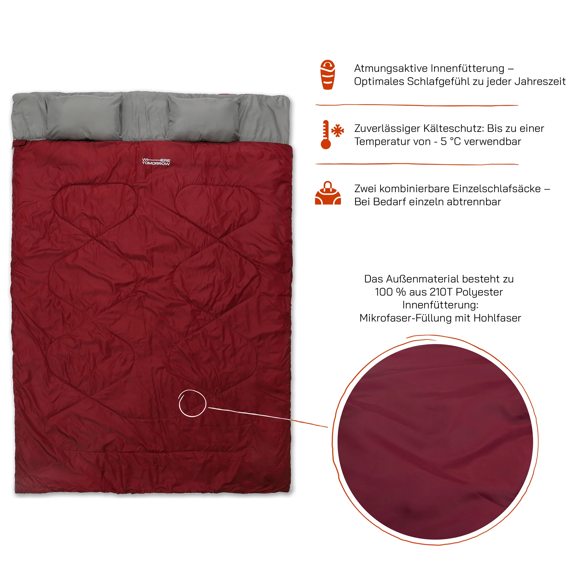 Doppelschlafsack mit Tragetasche - 2-Personen Schlafsack - 190 x 150 cm - Weinr - Image 4