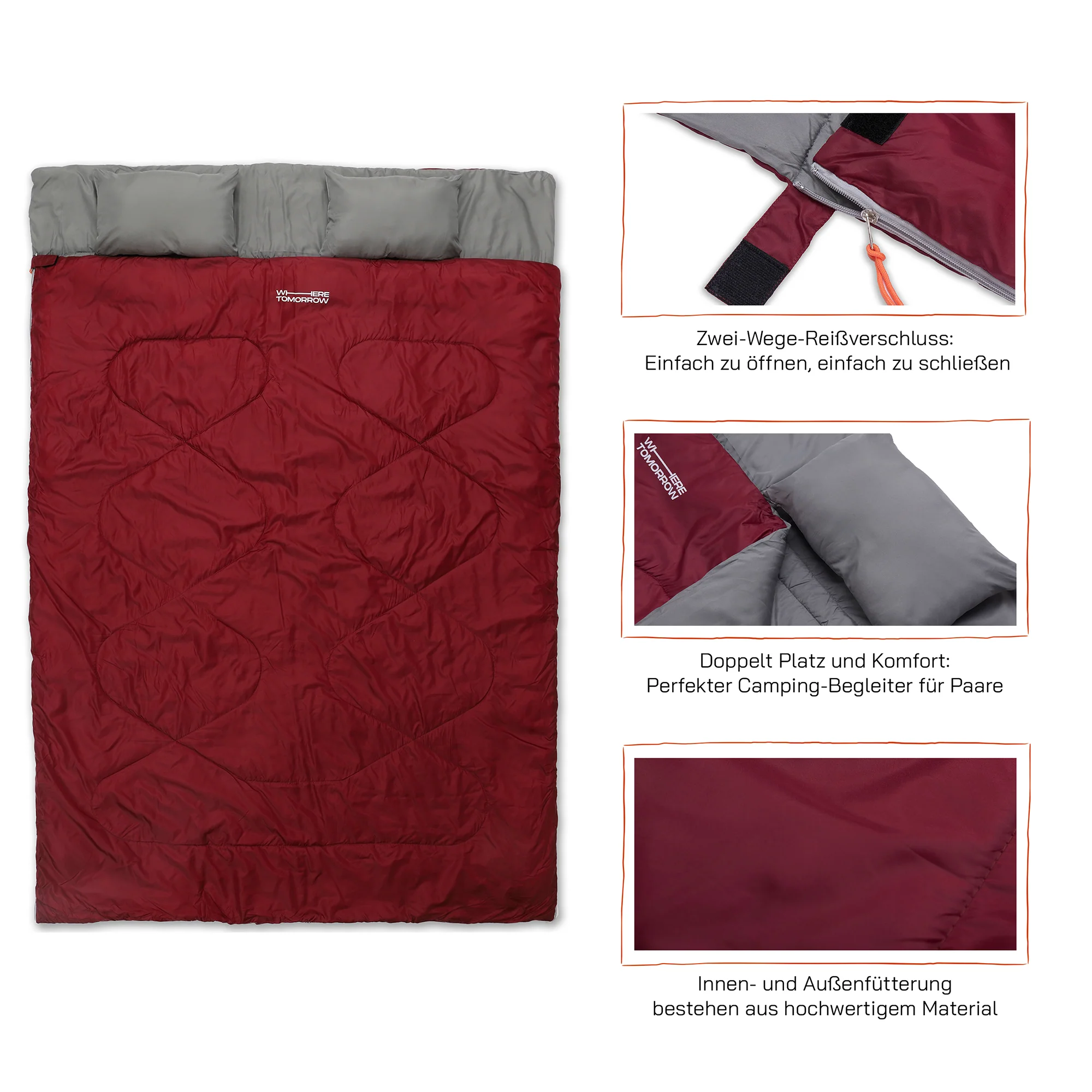 Doppelschlafsack mit Tragetasche - 2-Personen Schlafsack - 190 x 150 cm - Weinr - Image 5