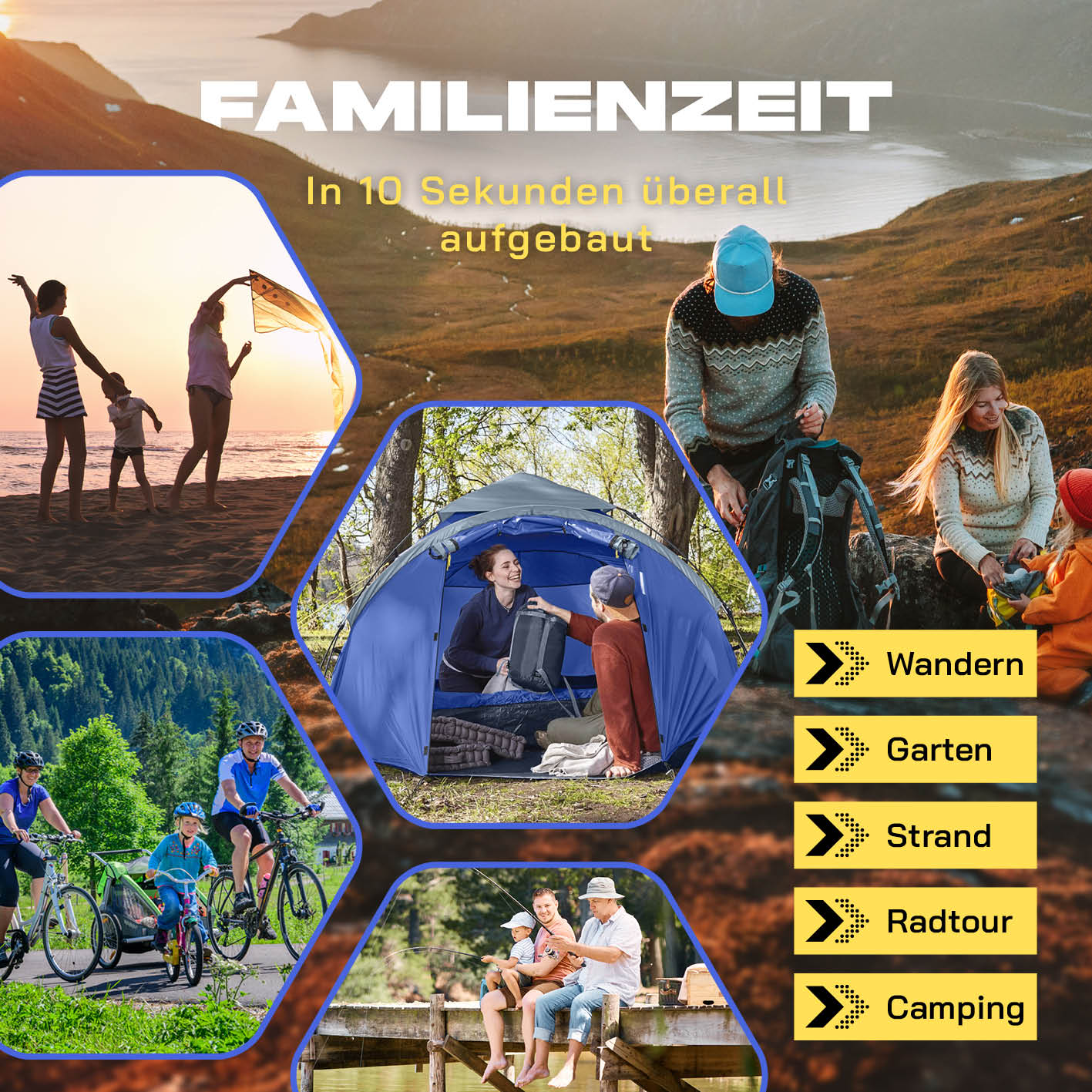 Pop up Familienzelt für 3 Personen - ca. 220 x 220 x 130 cm - Blau - Image 7