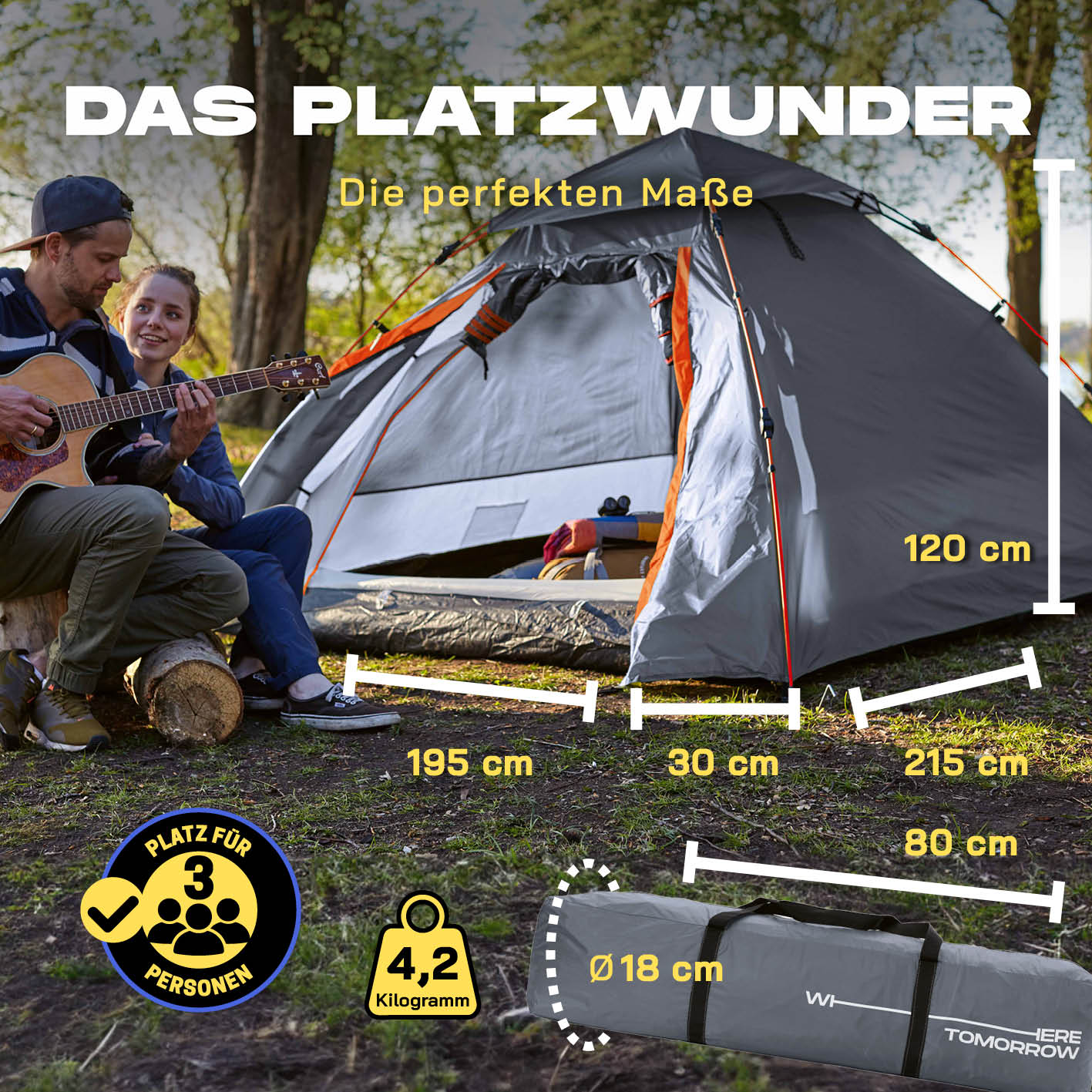 Pop up Kuppelzelt für 3 Personen - Grau - Image 3