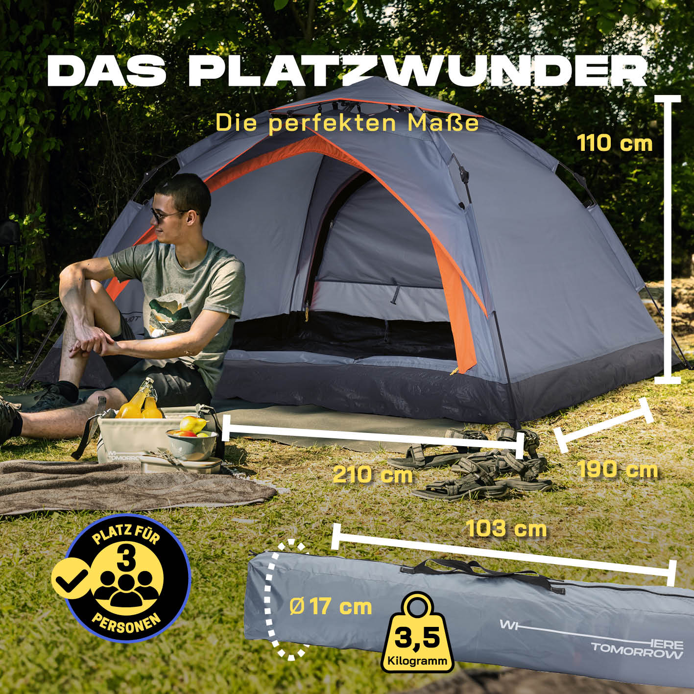 Pop Up Zelt - 3-Personen-Zelt mit Doppeltür- Wurfzelt Trekkingzelt - 210x190x110 cm - Grau - Image 2