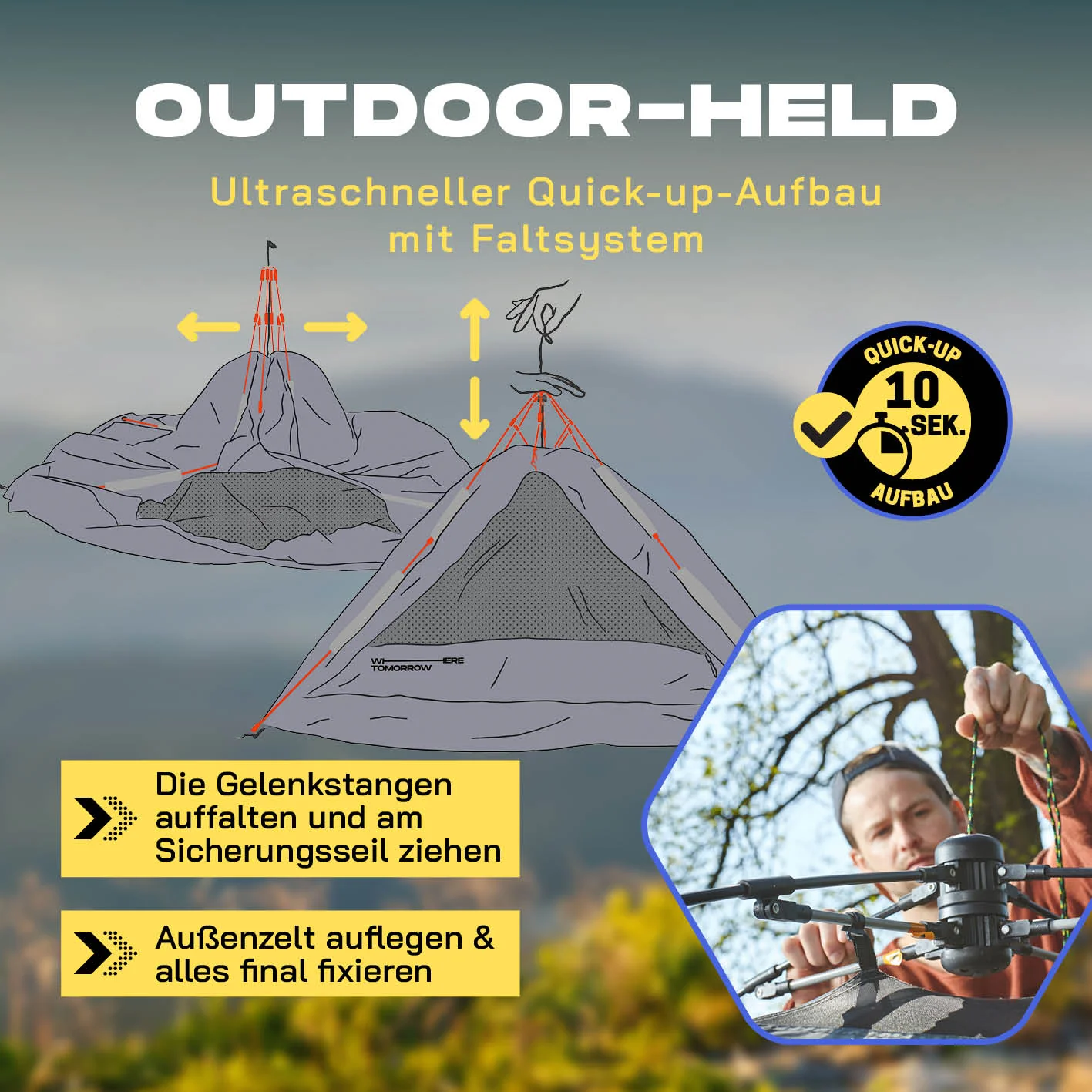 Pop Up Zelt - 3-Personen-Zelt mit Doppeltür- Wurfzelt Trekkingzelt - 210x190x110 cm - Grau - Image 4