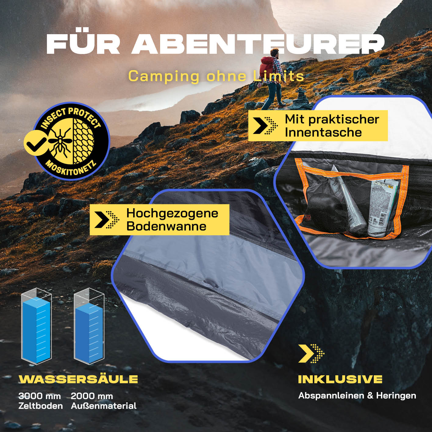 Pop Up Zelt - 3-Personen-Zelt mit Doppeltür- Wurfzelt Trekkingzelt - 210x190x110 cm - Grau - Image 5