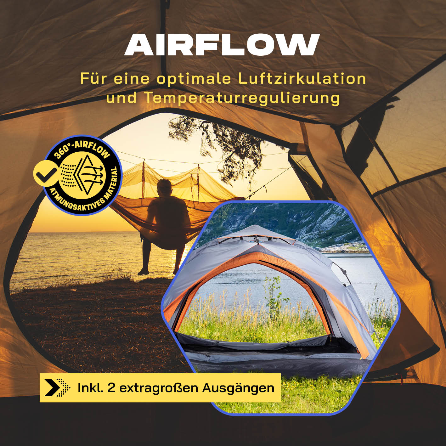 Pop Up Zelt - 3-Personen-Zelt mit Doppeltür- Wurfzelt Trekkingzelt - 210x190x110 cm - Grau - Image 6