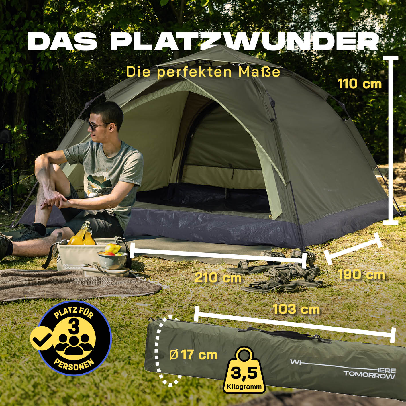 Pop Up Zelt - 3-Personen-Zelt mit Doppeltür- Wurfzelt Trekkingzelt - 210x190x110 cm - Grün - Image 2